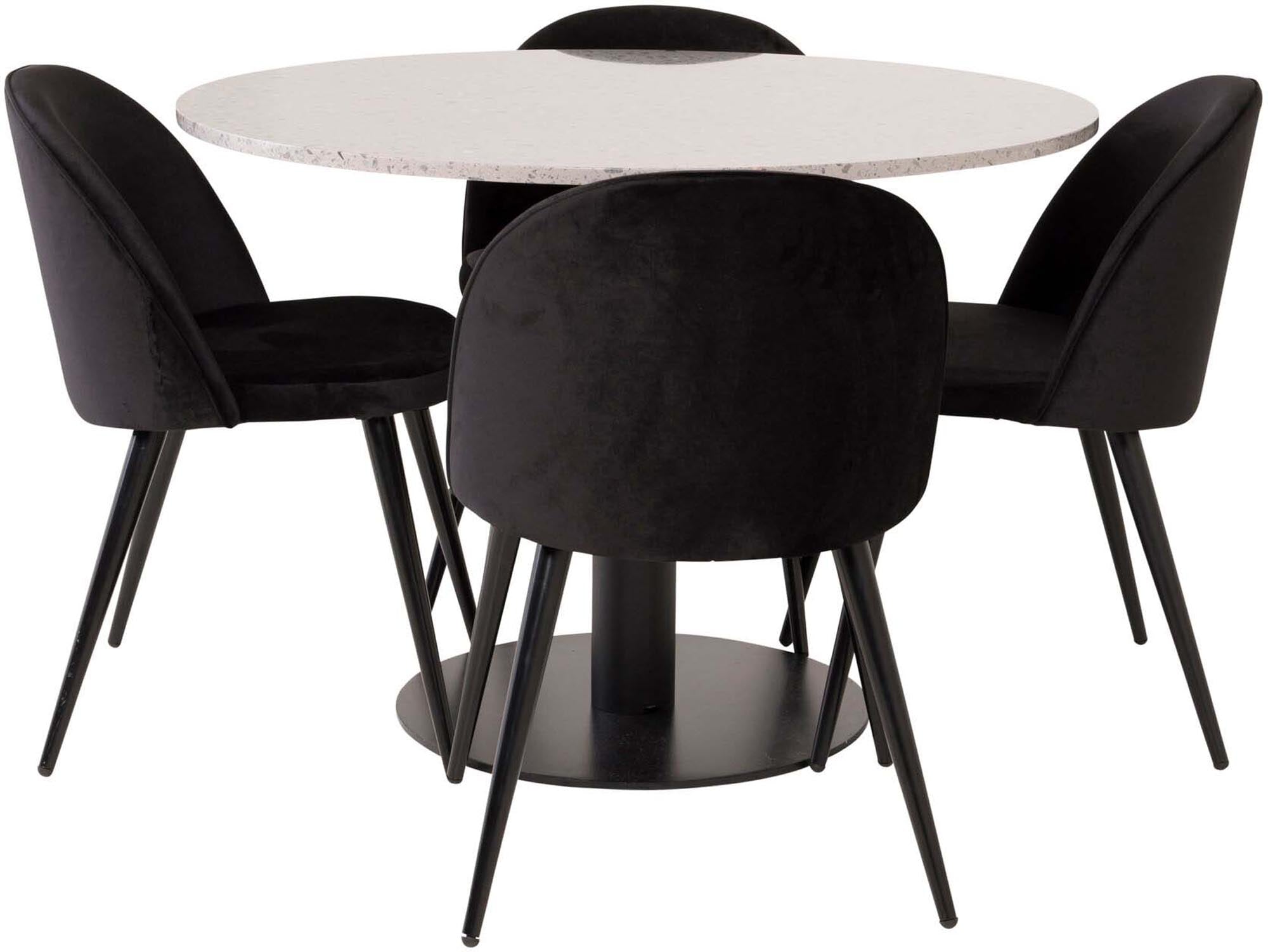 Genießen Sie stilvolle Essensmomente mit dem Razzia Esszimmerset von Venture Home: Ein 106 cm großer Esstisch und 4 elegante Velvet-Stühle.