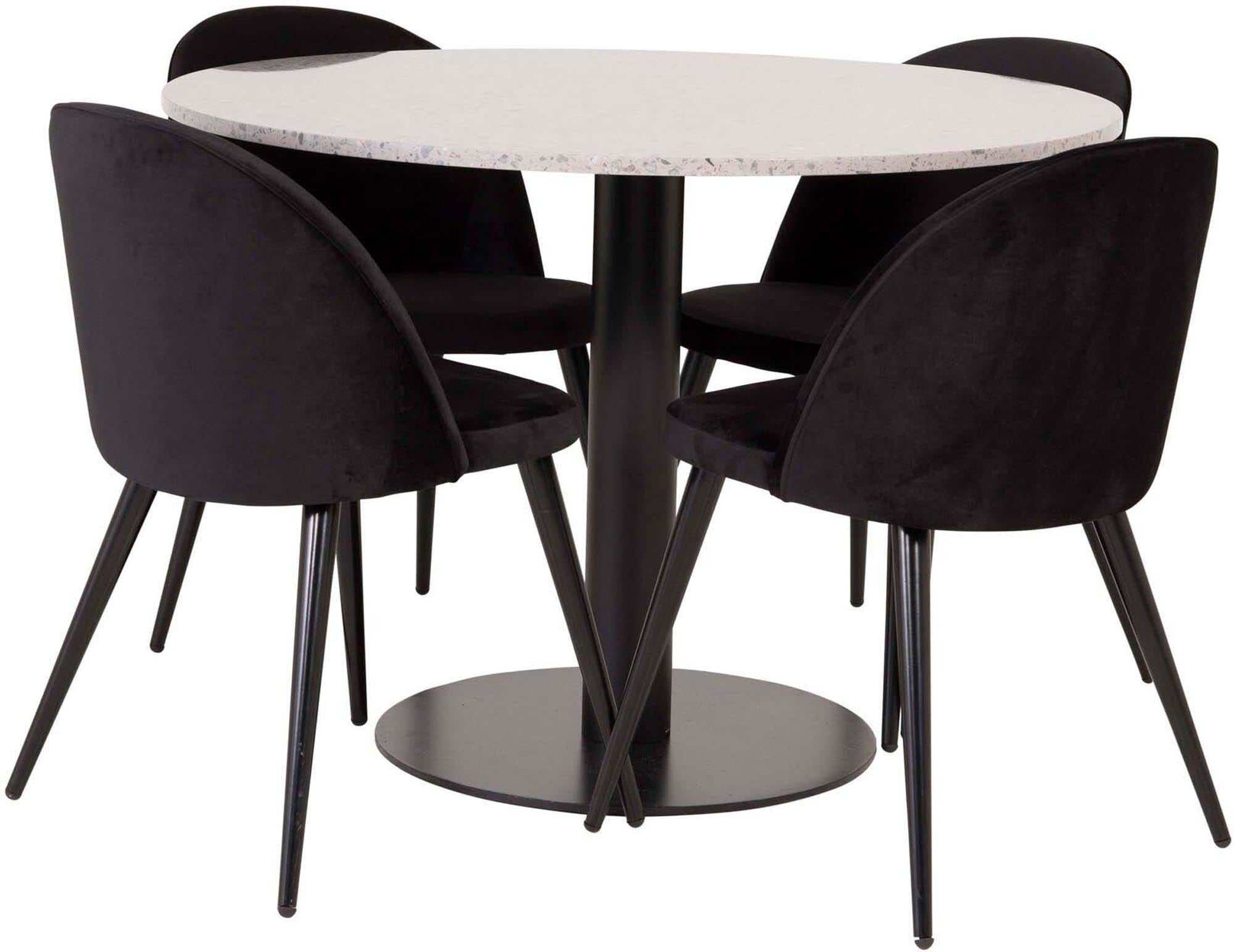 Entdecken Sie das Razzia Esszimmerset von Venture Home: Ein stilvoller Tisch (106 cm) und 4 elegante Velvet-Stühle für ein modernes Esszimmer.