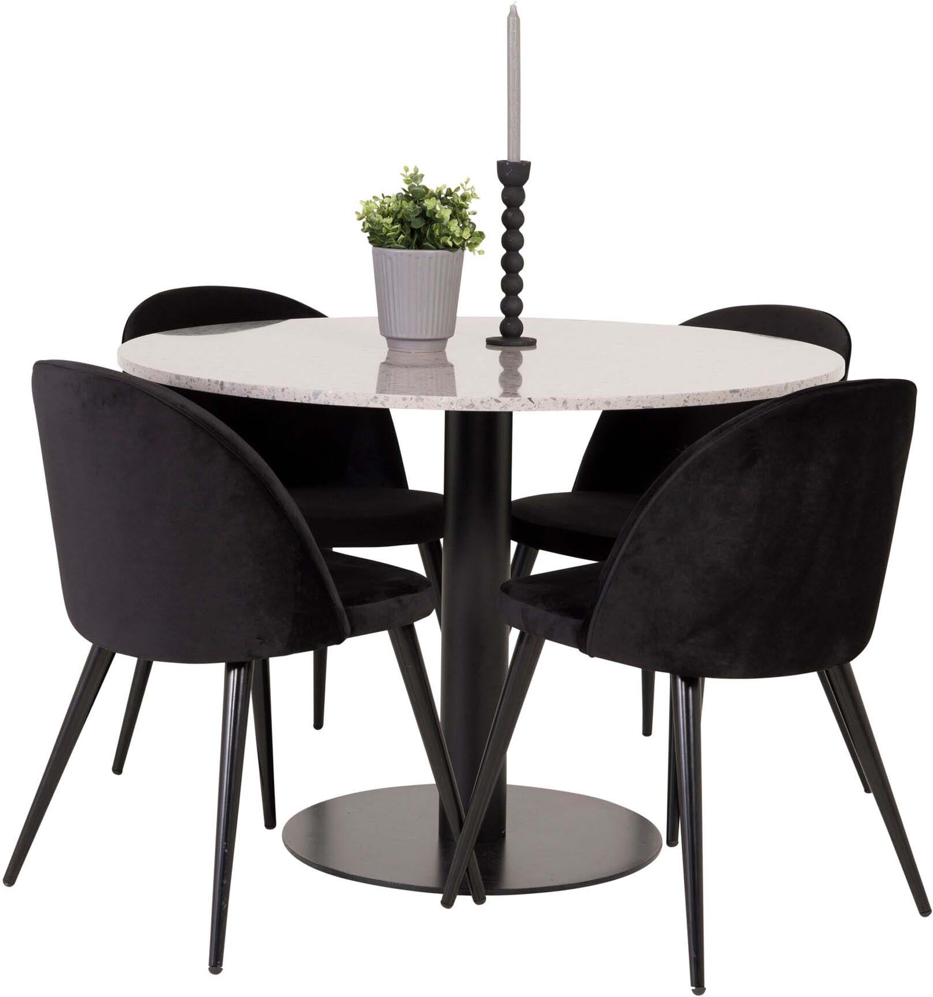 Genießen Sie das Razzia Esszimmerset von Venture Home: Ein eleganter 106 cm Tisch und 4 komfortable Velvet-Stühle für stilvolle Essmomente.