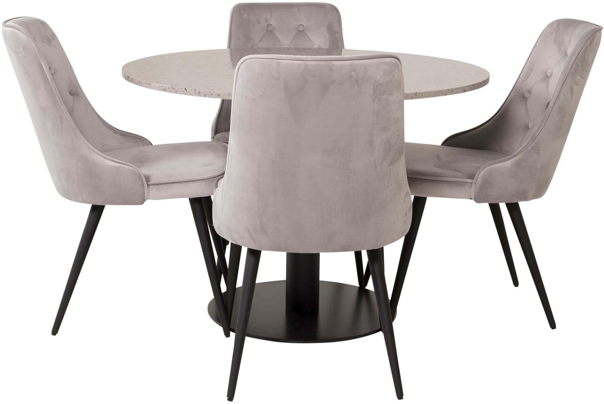 Stilvolles Esszimmerset mit luxuriösen Samtstühlen und einem stabilen Tisch, ideal für gesellige Runden und elegantes Wohnen.