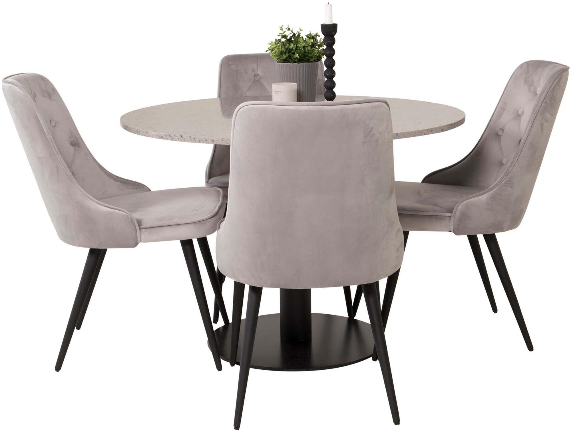 Elegantes Esszimmerset mit einem 106 cm großen Tisch und vier stilvollen Samtstühlen. Perfekt für gemütliche Abende und festliche Anlässe.