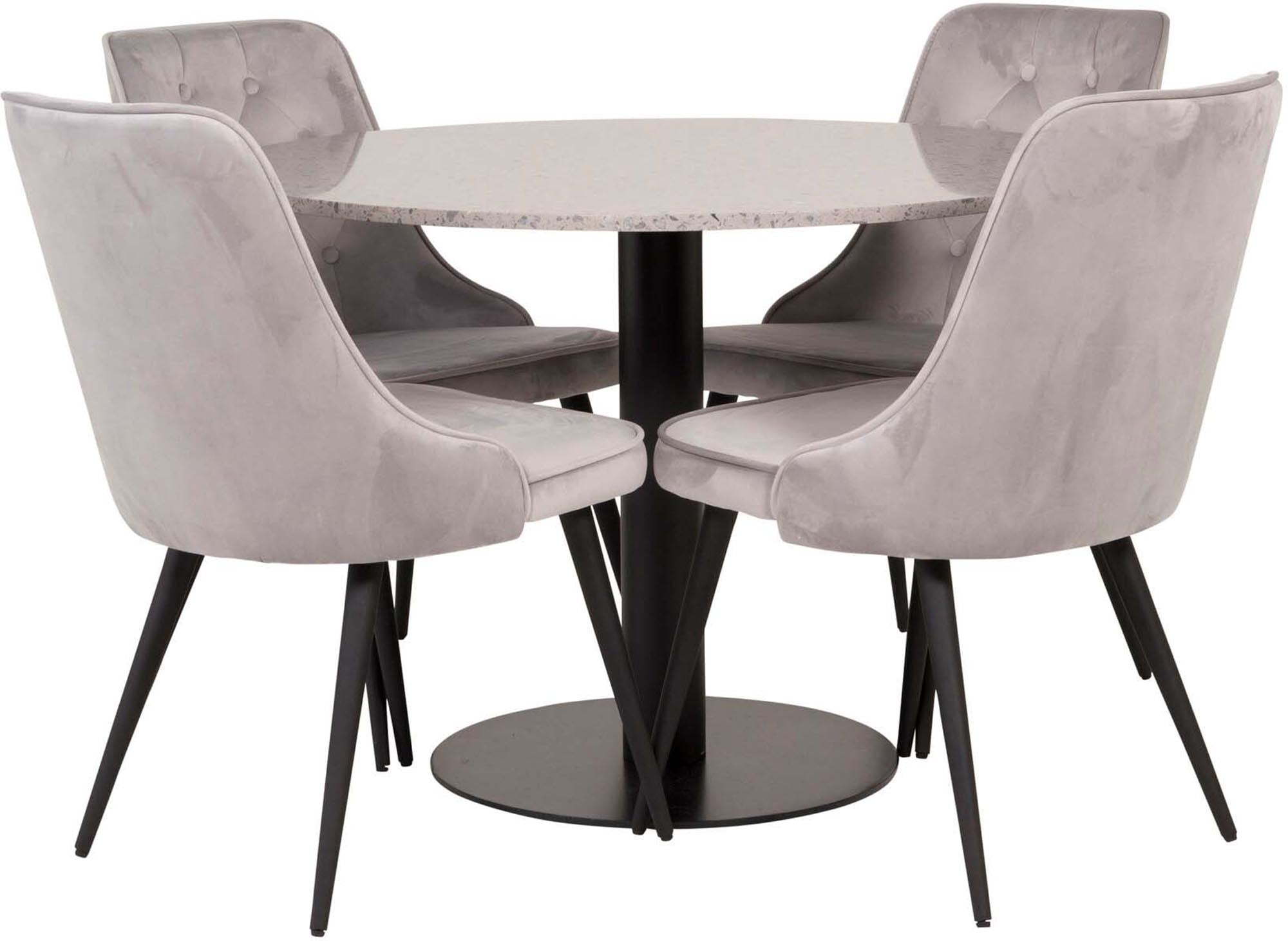 Stilvolles Esszimmerset mit 106 cm Tisch und 4 luxuriösen Samtstühlen. Ideal für gesellige Runden und elegante Dinner.