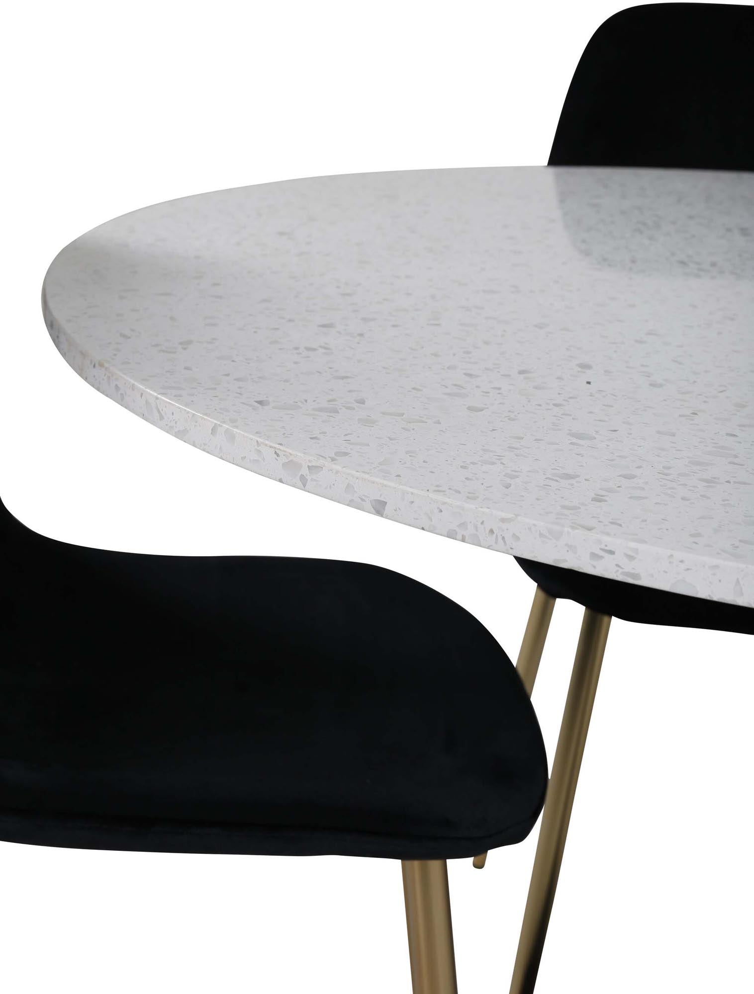 Erleben Sie das Razzia Esszimmerset + Polar: Ein runder Tisch mit marmorierter Oberfläche und bequemen Samtstühlen für stilvolle Esszimmermomente.