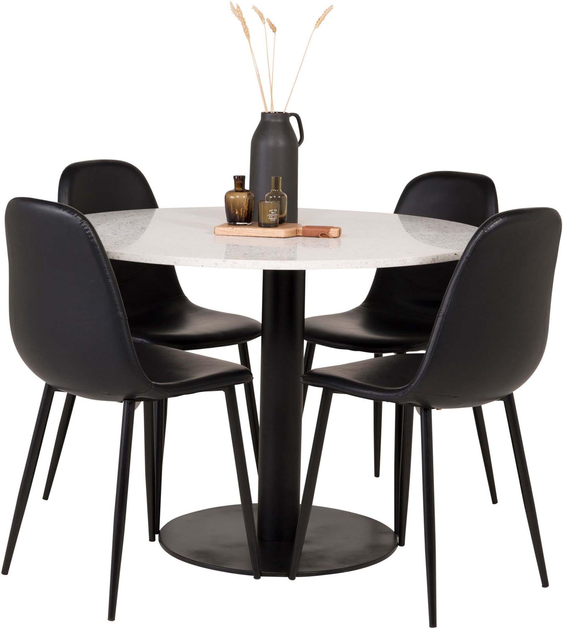 Entdecken Sie das elegante Razzia Esszimmerset von Venture Home: runder Tisch mit pflegeleichter Marmorplatte und bequemen Samtstühlen für stilvolle Esszimmer.