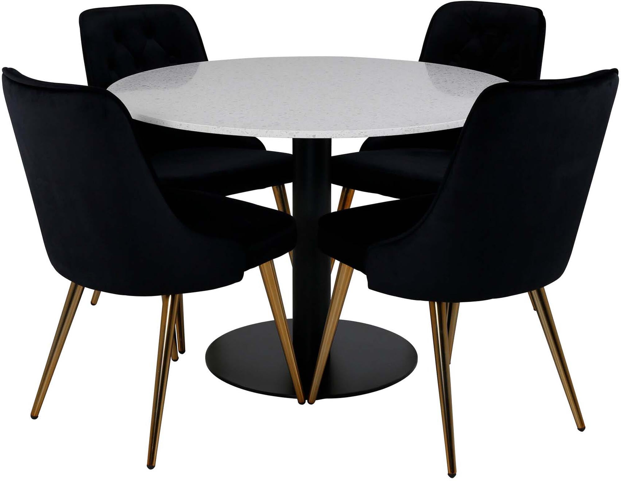 Stilvolles Esszimmerset mit einem eleganten Tisch und vier bequemen Samtstühlen, ideal für gesellige Runden und einladende Atmosphäre.