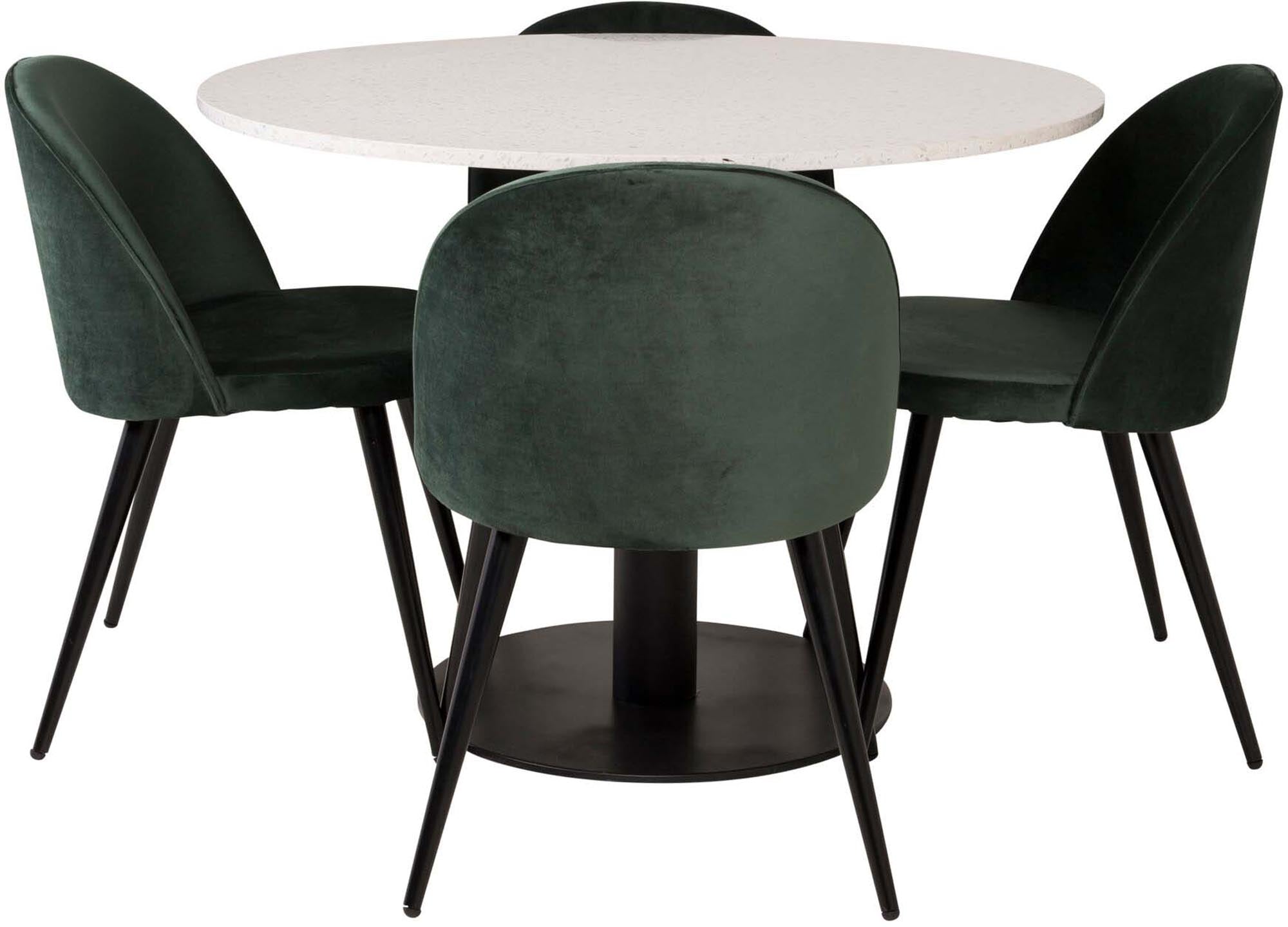 Gestalten Sie Ihr Esszimmer neu mit dem Razzia Esszimmerset von Venture Home: eleganter 106 cm Tisch und 4 luxuriöse Velvet-Stühle für höchsten Komfort.