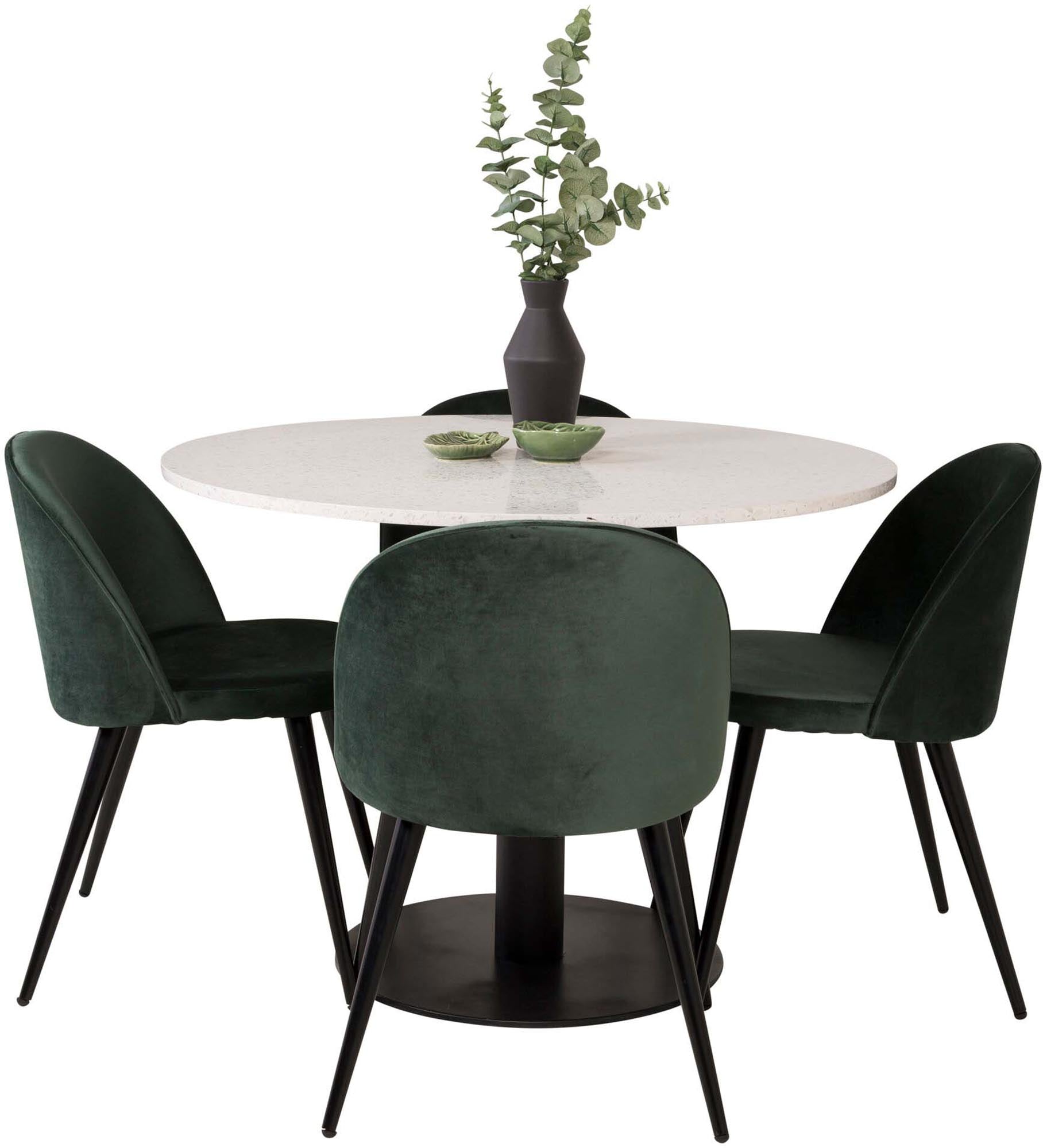 Verleihen Sie Ihrem Esszimmer mit dem Razzia Esszimmerset von Venture Home einen modernen Touch: stilvoller 106 cm Tisch und 4 bequeme Velvet-Stühle.