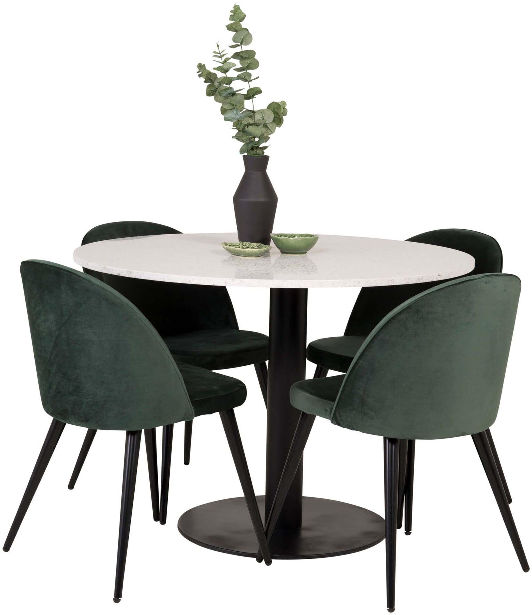 Elegantes Razzia Esszimmerset von Venture Home: Moderner Tisch (106 cm) und 4 stilvolle Velvet-Stühle für höchsten Komfort und zeitloses Design.