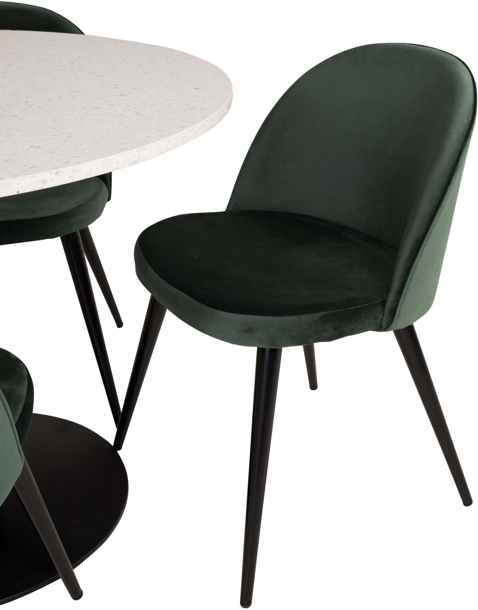 Entdecken Sie das Razzia Esszimmerset von Venture Home: Ein stilvoller Tisch (106 cm) und 4 elegante Velvet-Stühle für ein modernes Esszimmer.