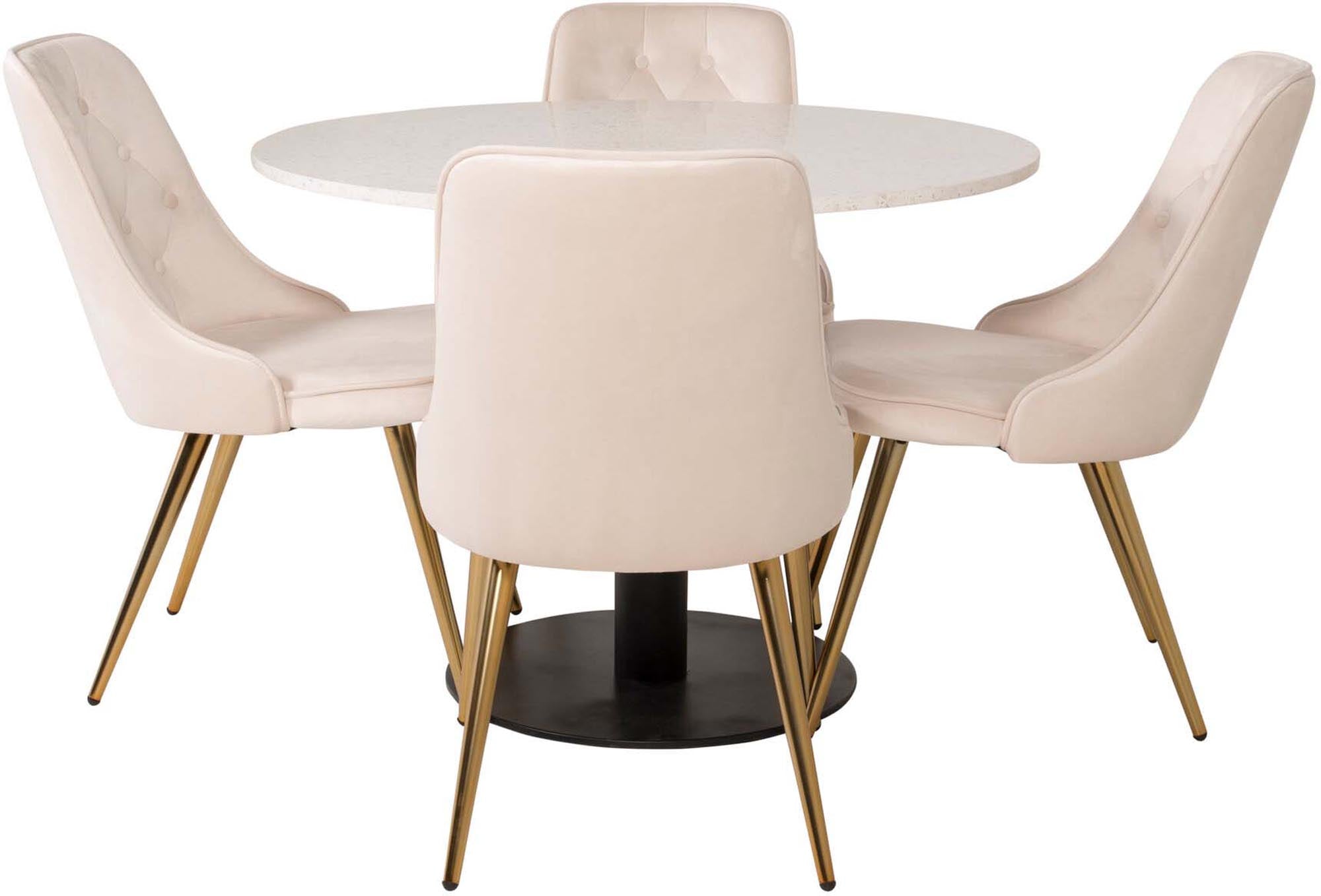 Stilvolles Esszimmerset mit luxuriösen Samtstühlen und einem stabilen Tisch, ideal für gesellige Runden und elegantes Wohnen.