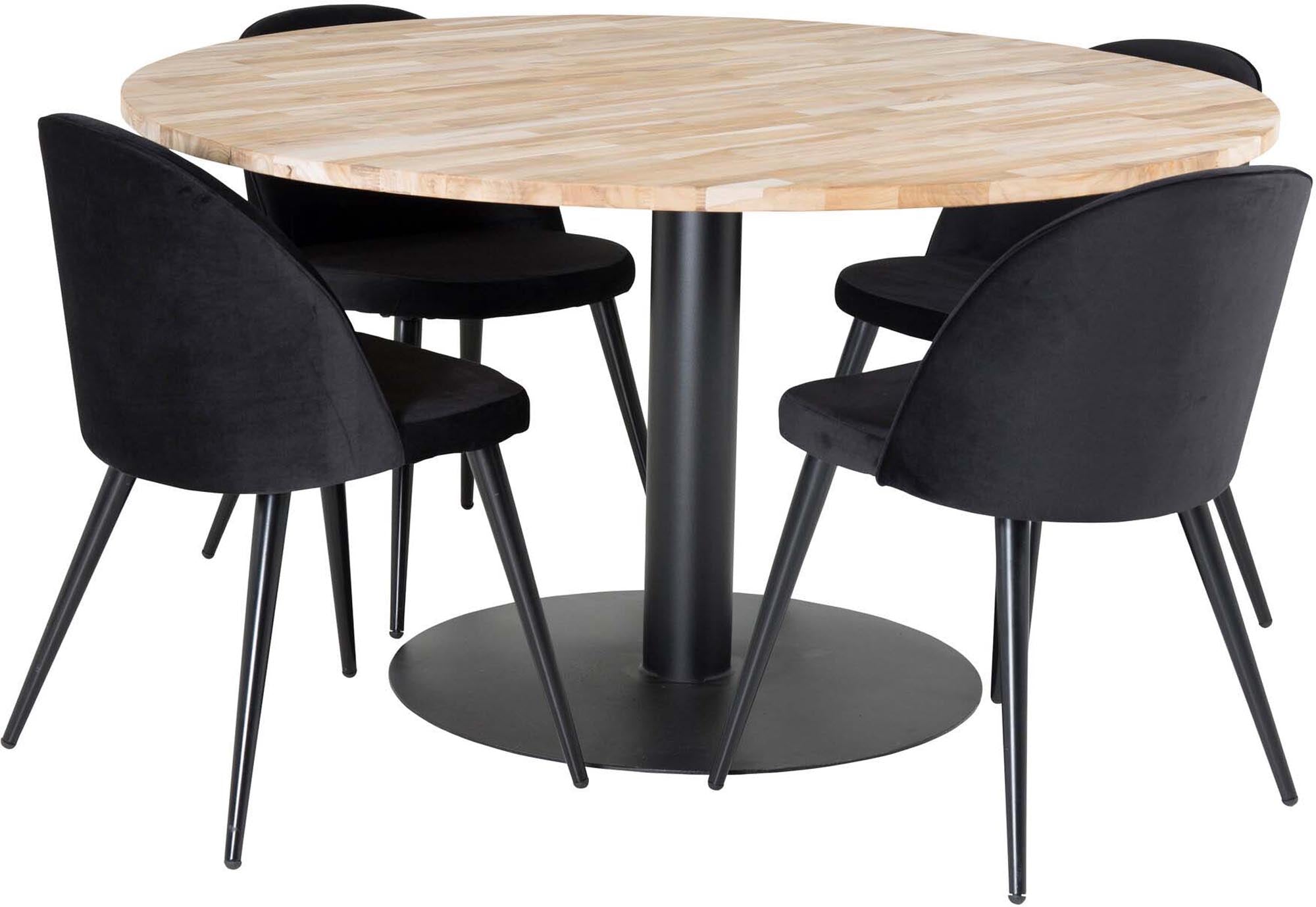 Cirebon Esszimmerset: Robuster Teakholztisch mit 140 cm Durchmesser und luxuriösen Samtstühlen für einladende Esszimmeratmosphäre.