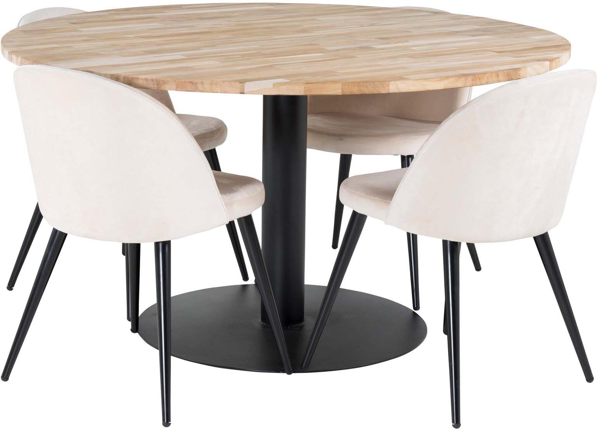 Entdecken Sie das Cirebon Esszimmerset von Venture Home: Ein runder Teakholztisch mit 140 cm Durchmesser und luxuriösen Samtstühlen für einladende Essmomente.