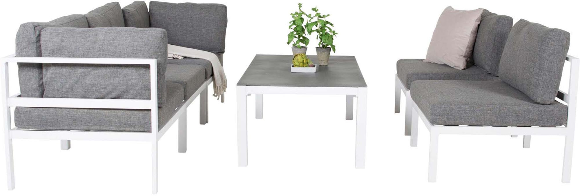 Stilvolle Copacabana Sofagarnitur V4: Modulares Design, graue Kissen, Aintwood & Metall, ideal für Ihren Aussenbereich.