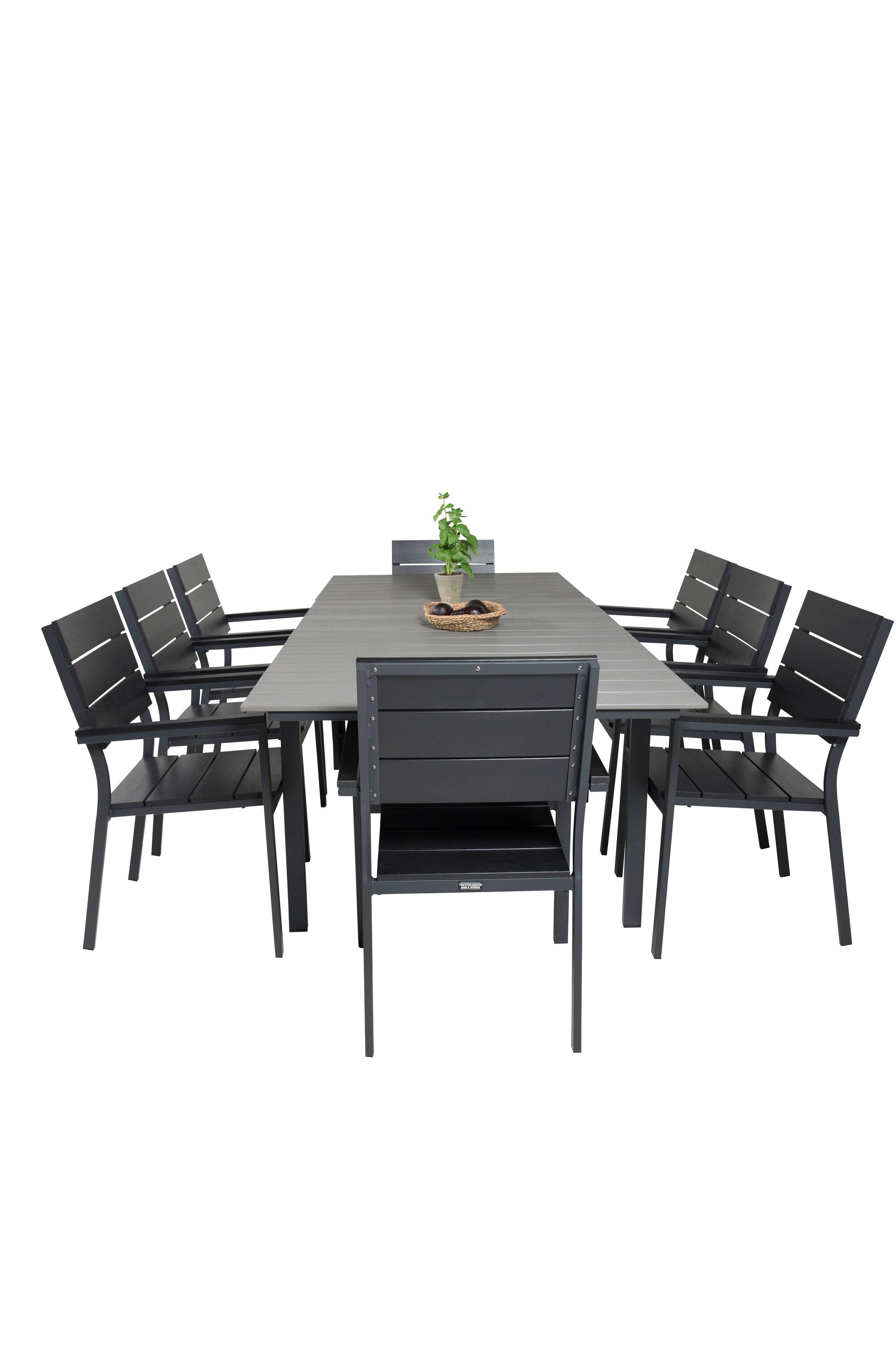 Stilvolles Esszimmerset "Levels": Ausziehbarer Tisch (160/240 cm) & stapelbare Stühle aus Aintwood & Aluminium.