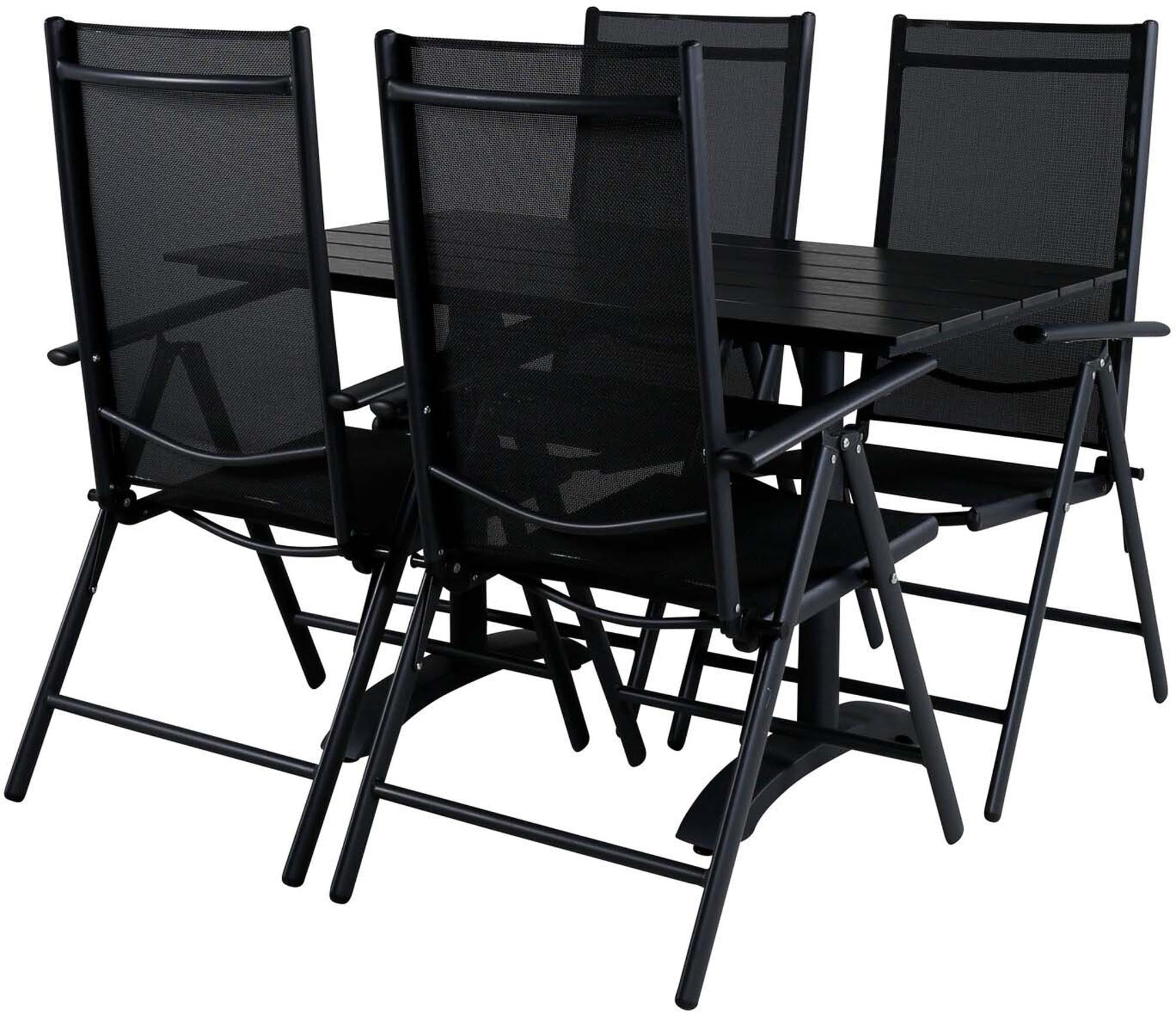 Stilvolles Denver Outdoor-Tischset mit 4 klappbaren Break-Stühlen. Ideal für gesellige Abende im Freien, wetterfest und pflegeleicht.