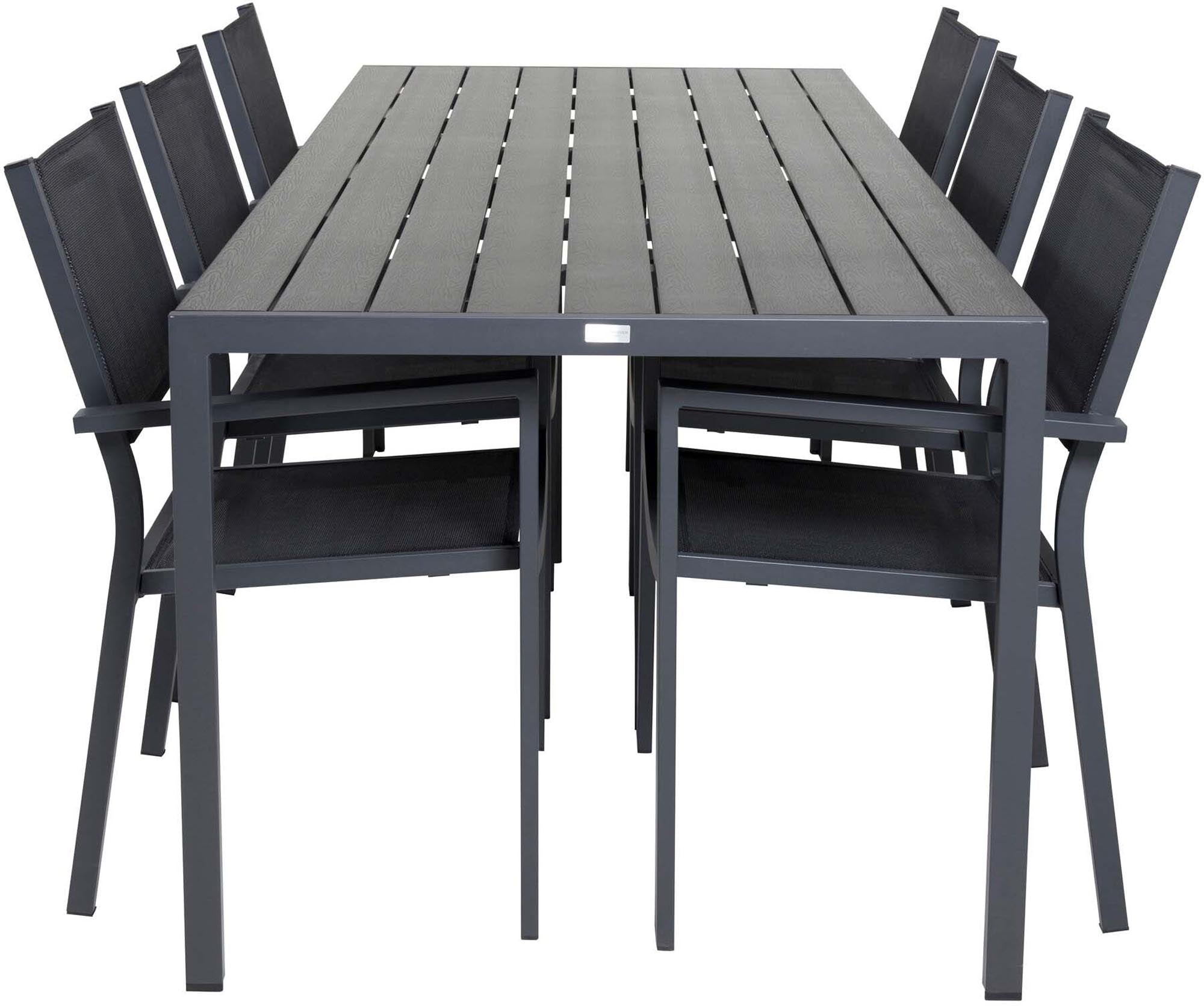 Entdecken Sie das stilvolle Break Outdoor-Tischset + Copacabana Arm 205cm/6St. von Venture Home – perfekt für Garten und Terrasse, wetterfest und elegant.