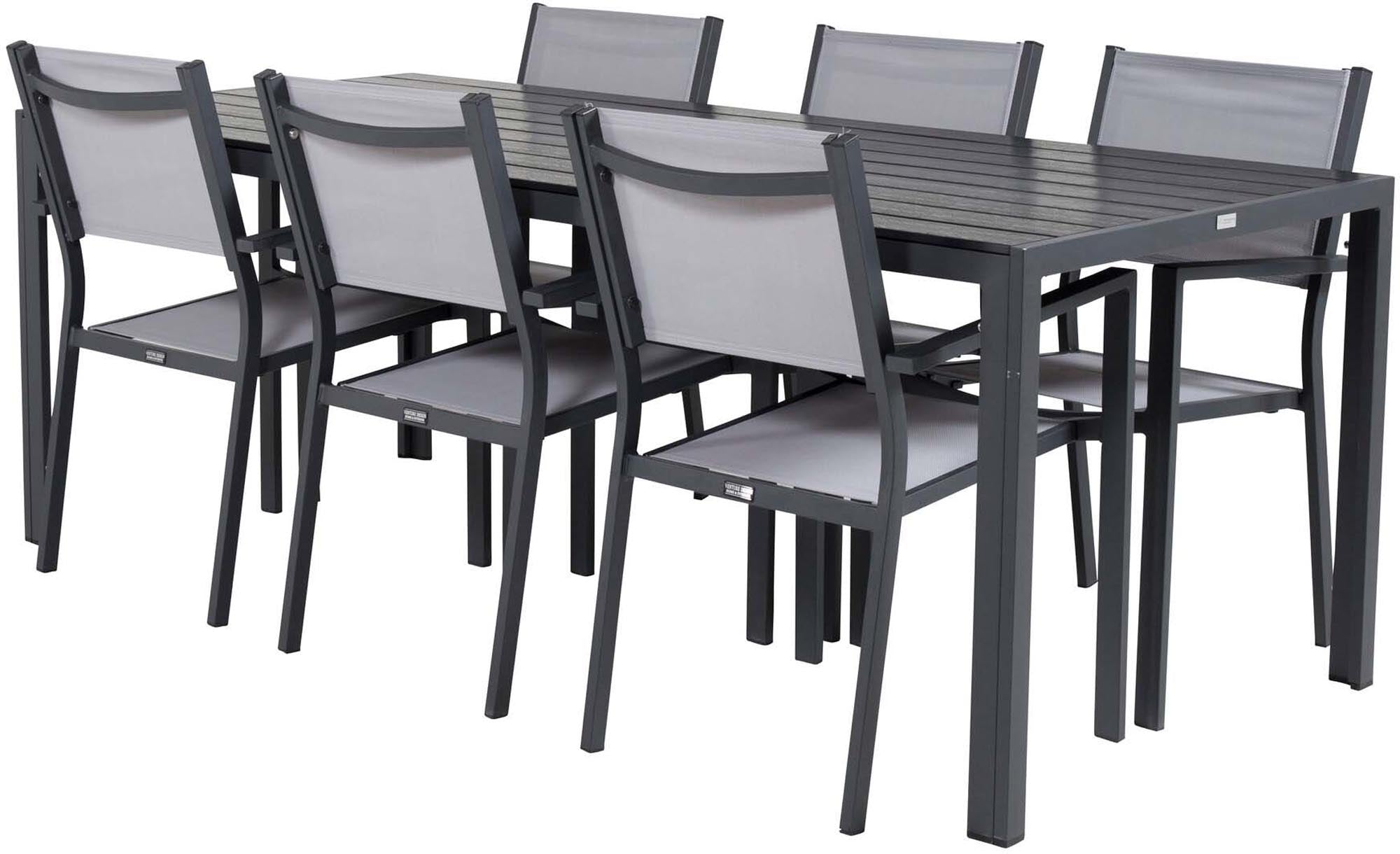 Stilvolles Outdoor-Tischset für 6 Personen von Venture Home. Robuster Esstisch und bequeme Copacabana Armstühle für unvergessliche Momente im Freien.