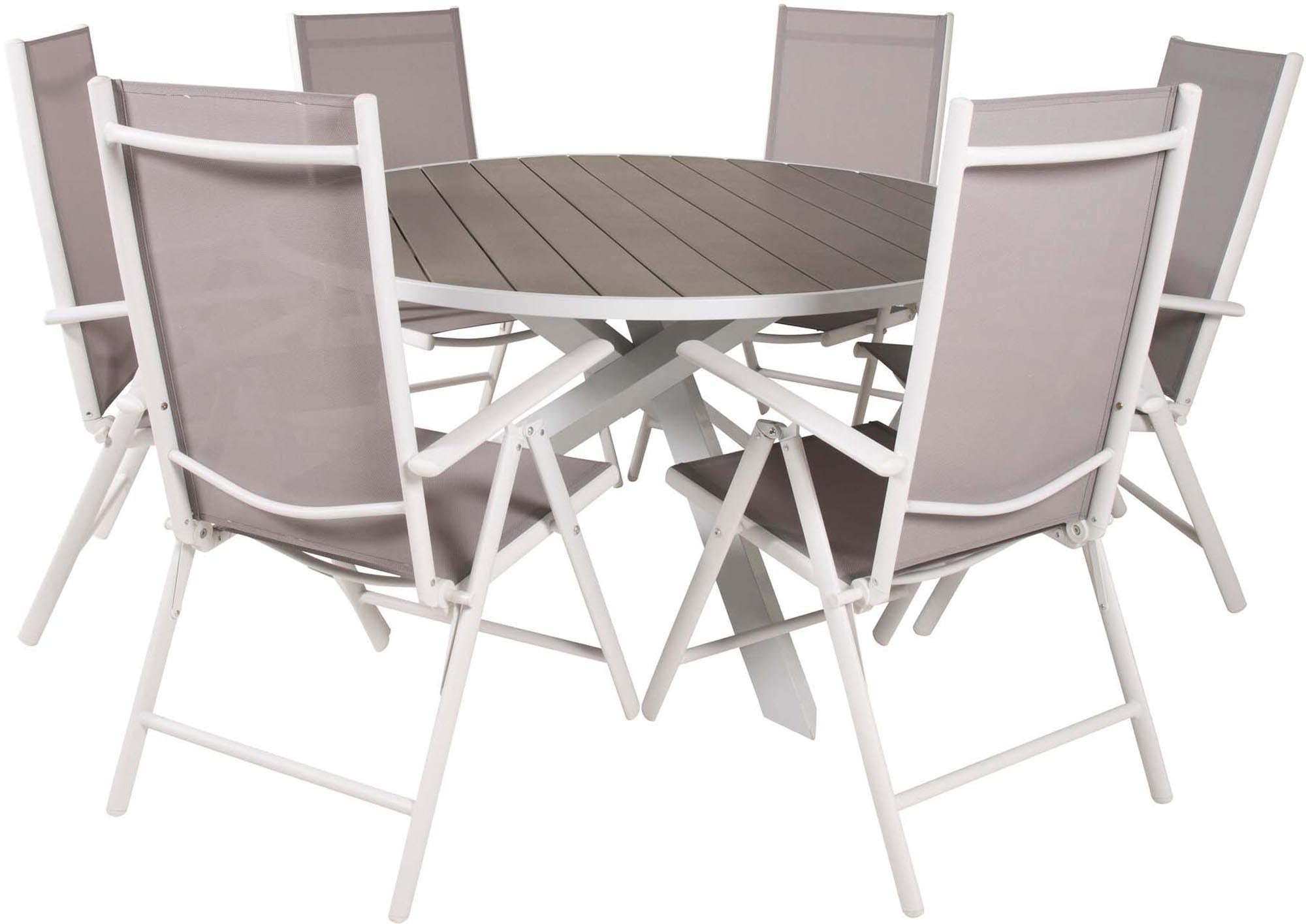 Entdecken Sie das Parma Outdoor-Tischset + Break ⌀140cm für 6 Personen von Venture Home. Robuster, wetterfester Esstisch und klappbare Stühle für Ihre Garten- und Terrassengestaltung.