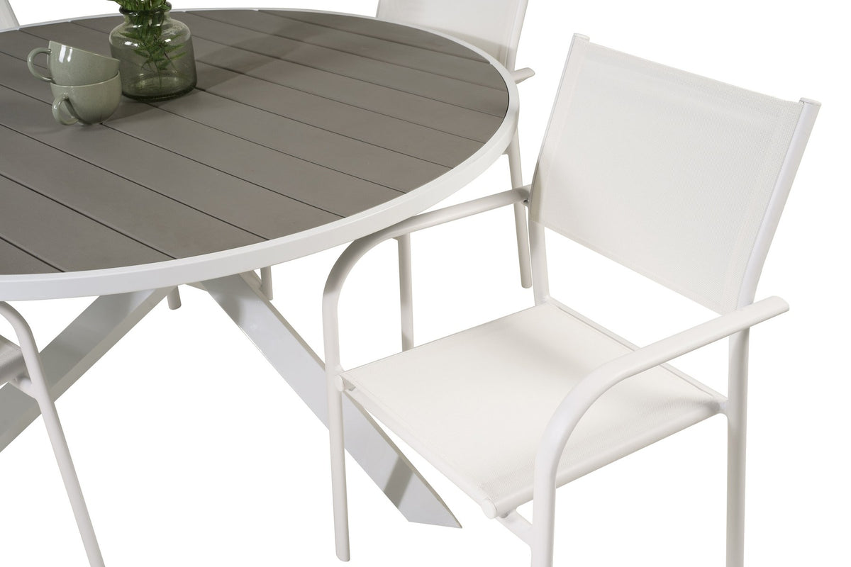 Runder Gartentisch mit grauer Aintwood-Tischplatte und Aluminiumbeinen, umgeben von vier weissen Stühlen Santorini mit pulverbeschichteter Oberfläche.