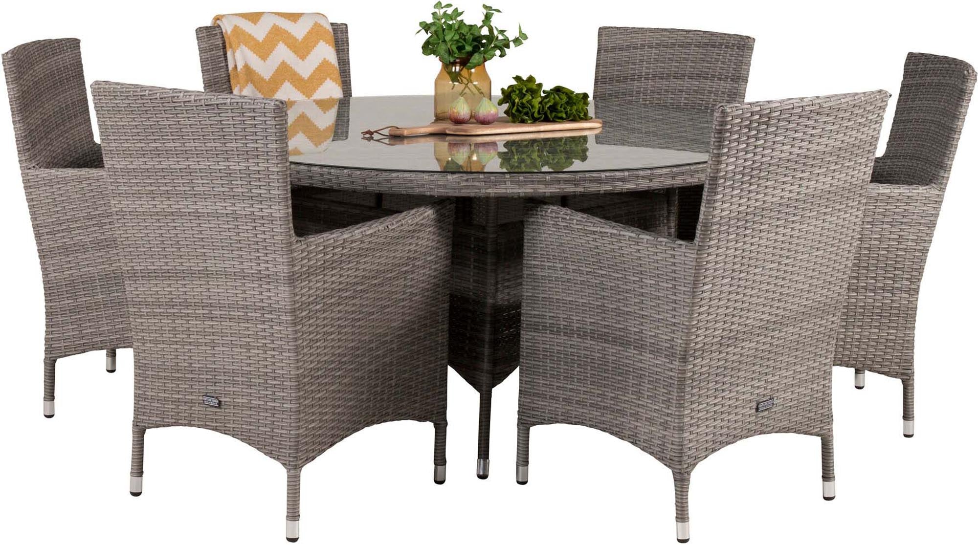 Volta Outdoor-Tischset + Malin ⌀150cm/6St. in Grau präsentiert im Onlineshop von KAQTU Design AG. Gartentischset ist von Venture Home