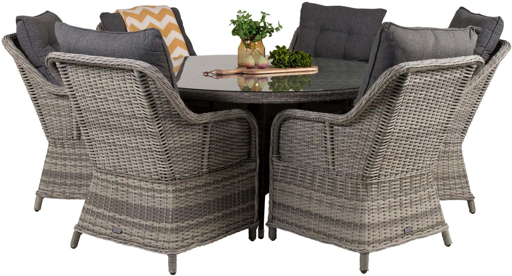 Genießen Sie gesellige Stunden im Freien mit dem Volta Outdoor-Tischset: runder Tisch für 6 Personen und stilvolle Vikelund Sessel – perfekt für jeden Garten.