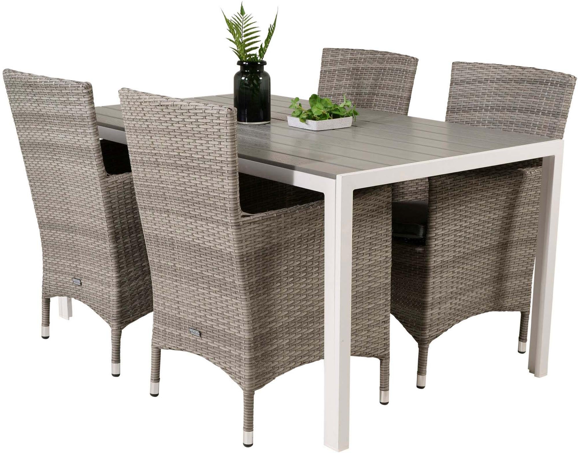 Elegantes Outdoor-Tischset für 4 Personen, ideal für entspannte Stunden auf Ihrer Terrasse. Wetterfest und komfortabel!