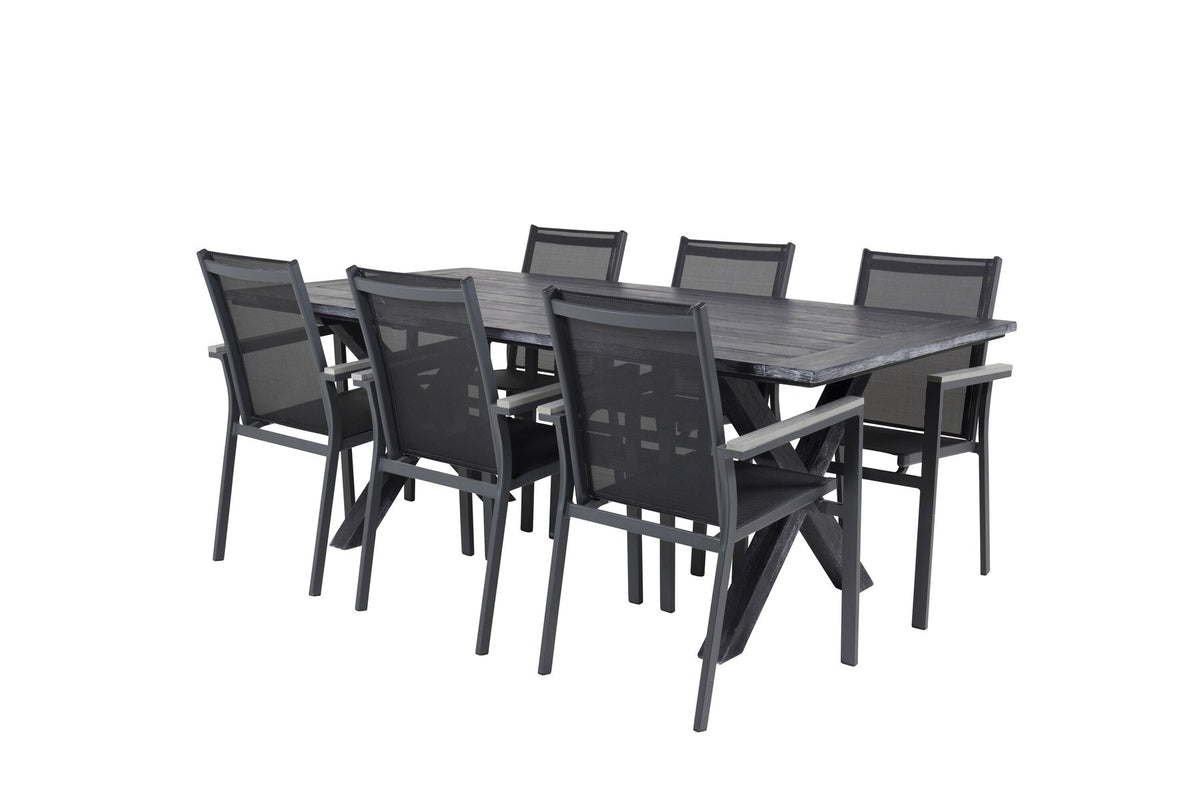 Schwarzes Esszimmerstuhl-Set aus Akazienholz mit Aluminiumbeinen und rechteckiger Esstisch 200x100 cm, pulverbeschichtete Oberfläche.