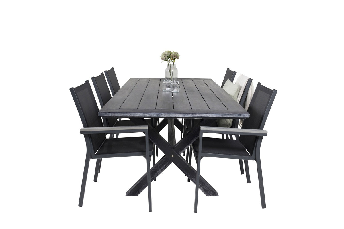 Schwarzes Esszimmerstuhl-Set aus Akazienholz mit Aluminiumbeinen und rechteckiger Esstisch 200x100 cm, pulverbeschichtete Oberfläche.