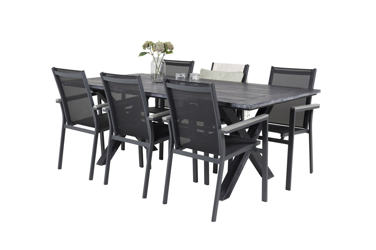 Schwarzes Esszimmerstuhl-Set aus Akazienholz mit Aluminiumbeinen und rechteckiger Esstisch 200x100 cm, pulverbeschichtete Oberfläche.