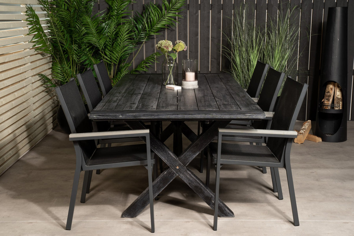 Schwarzes Esszimmerstuhl-Set aus Akazienholz mit Aluminiumbeinen und rechteckiger Esstisch 200x100 cm, pulverbeschichtete Oberfläche.