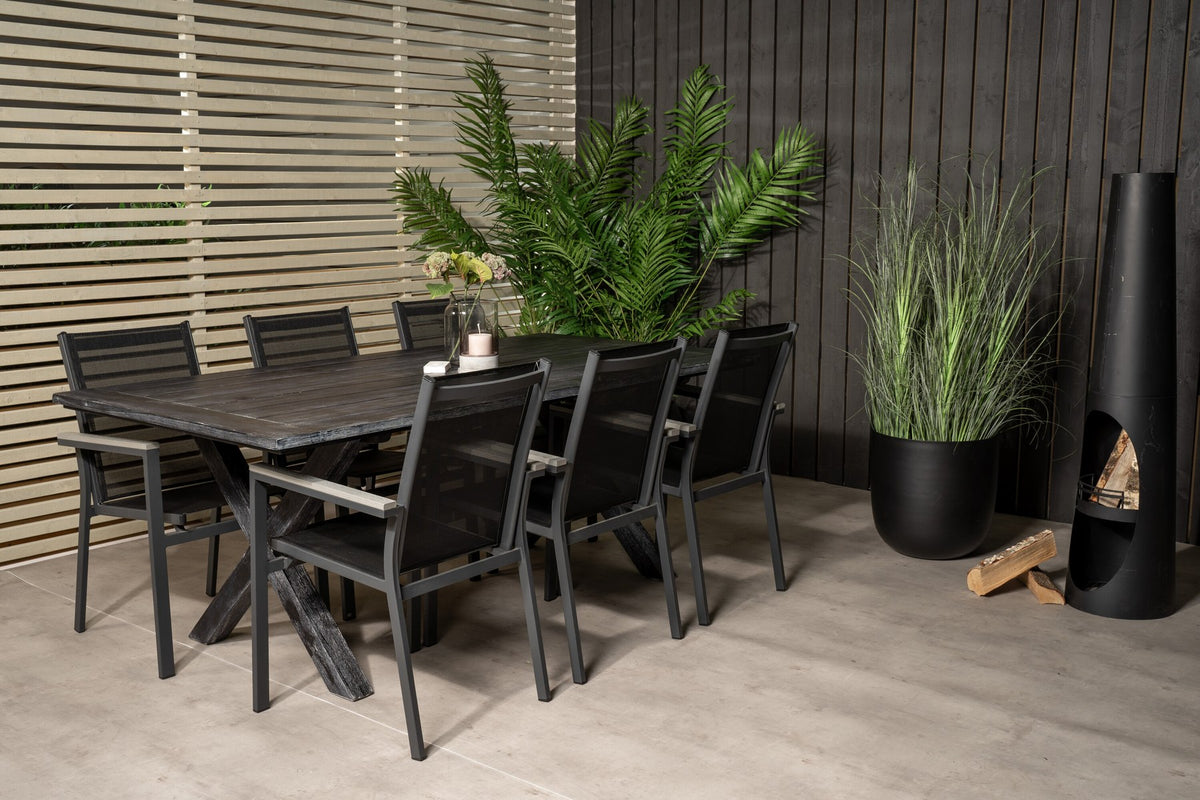 Schwarzes Esszimmerstuhl-Set aus Akazienholz mit Aluminiumbeinen und rechteckiger Esstisch 200x100 cm, pulverbeschichtete Oberfläche.