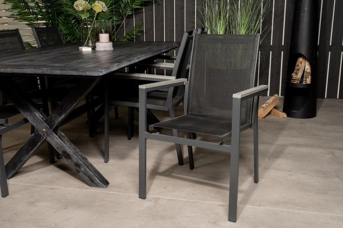 Schwarzes Esszimmerstuhl-Set aus Akazienholz mit Aluminiumbeinen und rechteckiger Esstisch 200x100 cm, pulverbeschichtete Oberfläche.