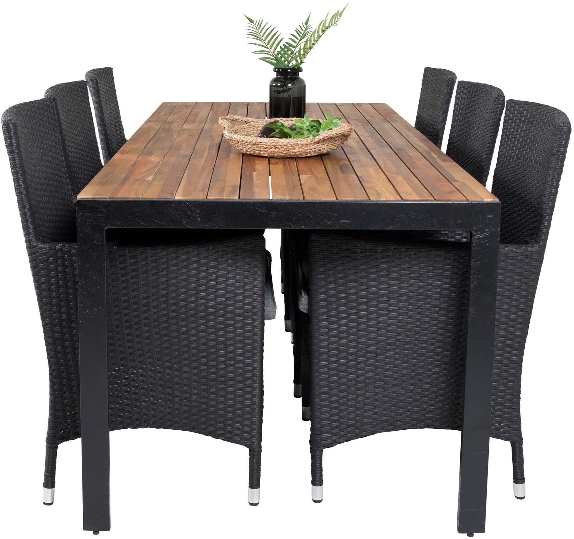 Entdecken Sie das Bois Outdoor-Tischset + Malin 205cm/6St. von Venture Home – stilvoll, robust und perfekt für gesellige Abende im Freien.