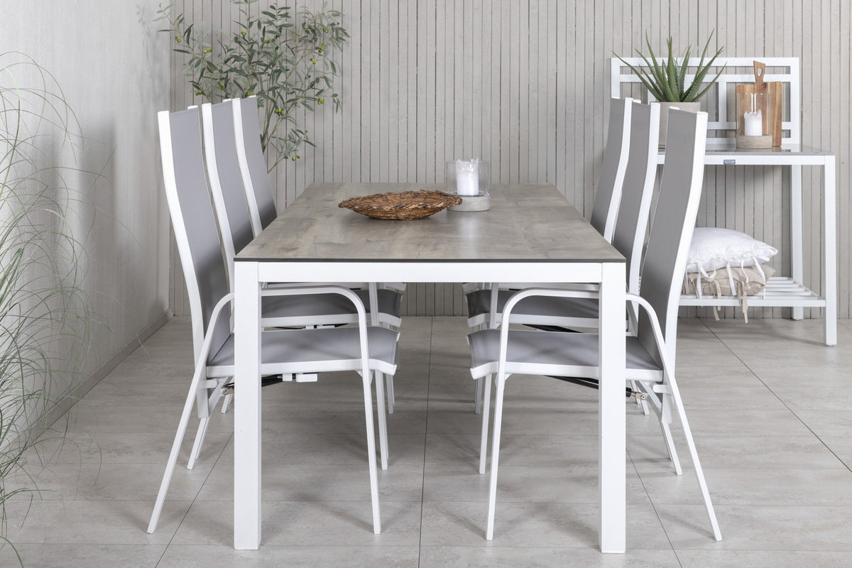 Graues Gartentischset aus Aluminium und HPL: rechteckiger Esstisch 205x100 cm mit zwei Relaxsesseln, pulverbeschichtete Oberfläche.