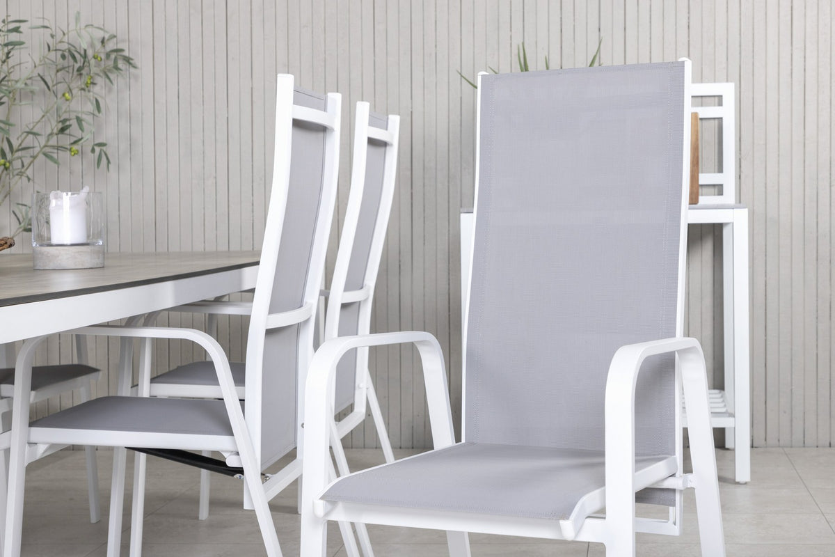 Graues Gartentischset aus Aluminium und HPL: rechteckiger Esstisch 205x100 cm mit zwei Relaxsesseln, pulverbeschichtete Oberfläche.