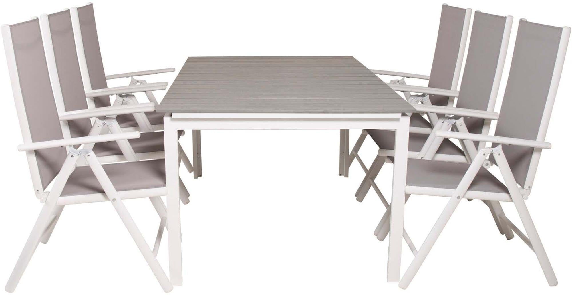 Elegantes und praktisches Outdoor-Tischset mit ausziehbarem Tisch und komfortablen, klappbaren Stühlen für gesellige Stunden im Freien.