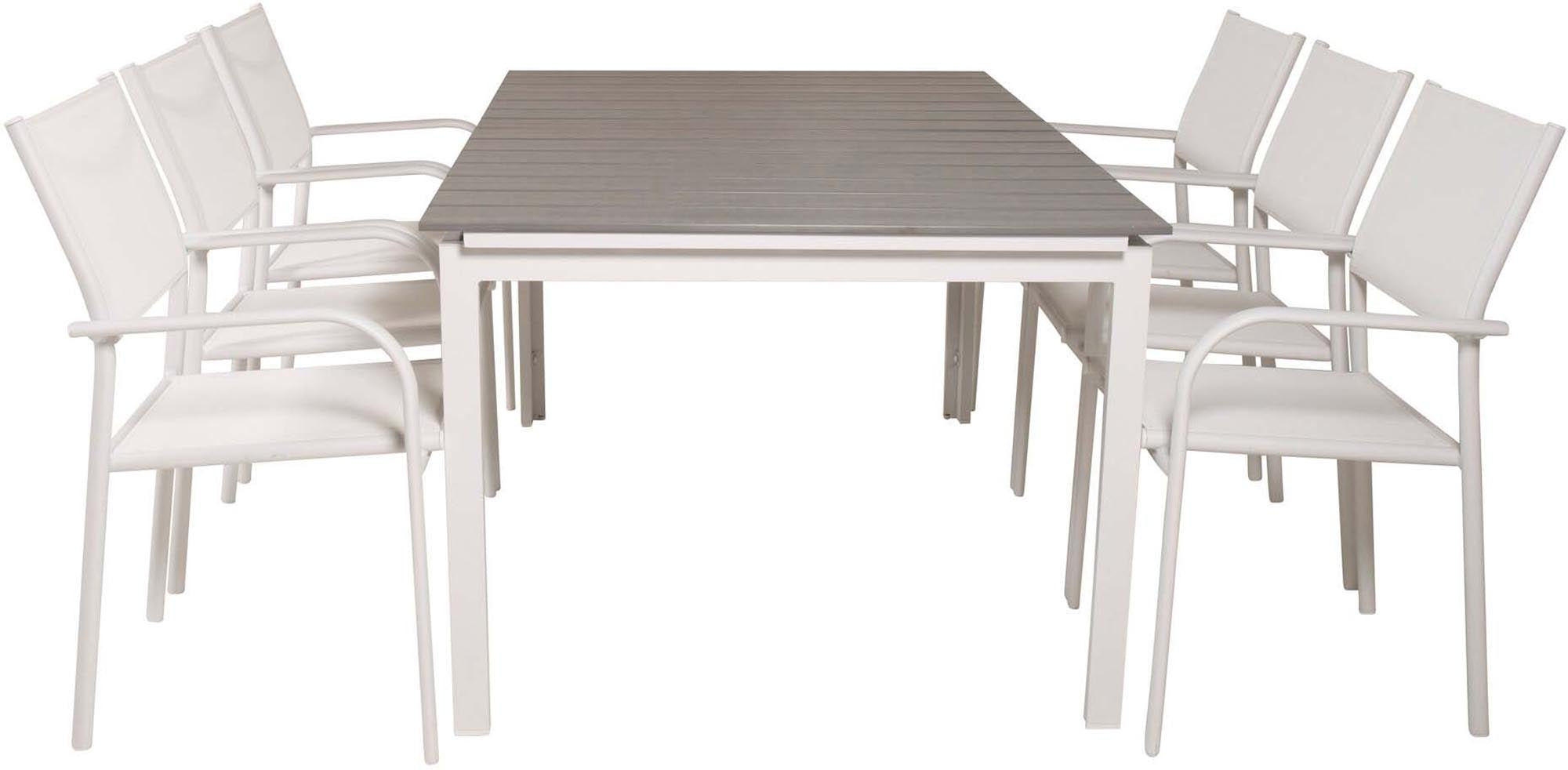 Levels Outdoor-Tischset ausziehbar + Santorini 160cm/6St. in Weiss präsentiert im Onlineshop von KAQTU Design AG. Gartentischset ist von Venture Home