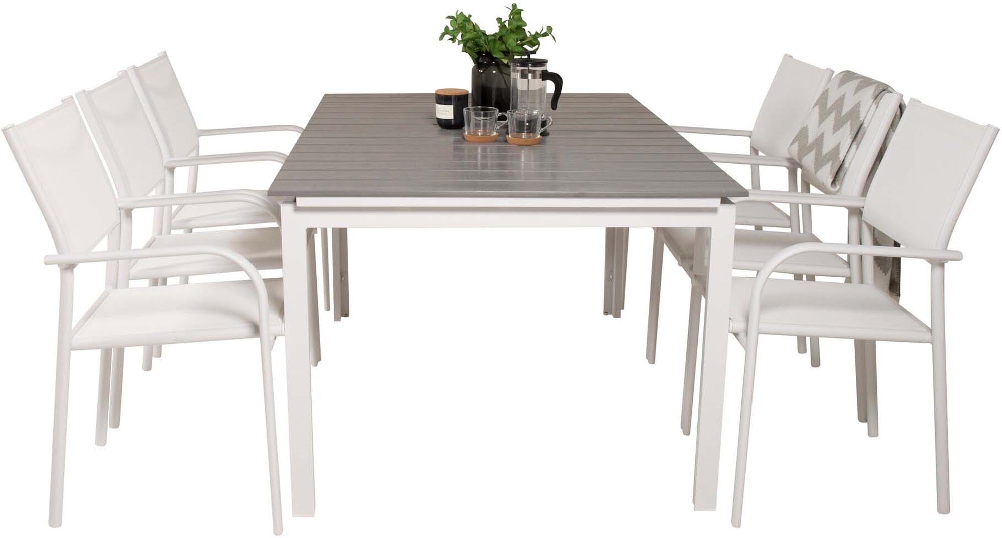 Levels Outdoor-Tischset ausziehbar + Santorini 160cm/6St. in Weiss präsentiert im Onlineshop von KAQTU Design AG. Gartentischset ist von Venture Home