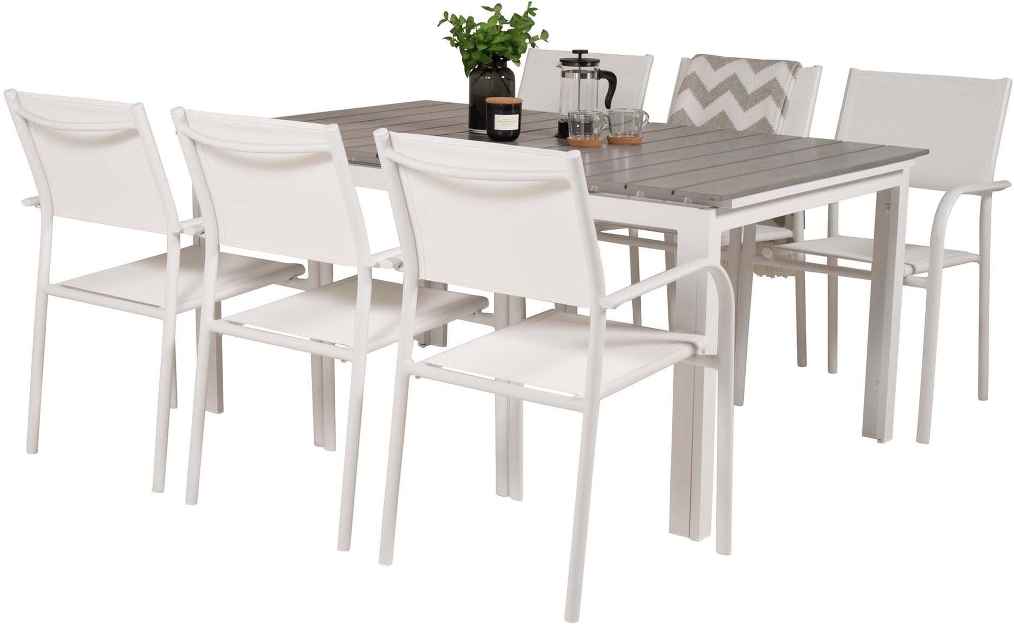 Levels Outdoor-Tischset ausziehbar + Santorini 160cm/6St. in Weiss präsentiert im Onlineshop von KAQTU Design AG. Gartentischset ist von Venture Home