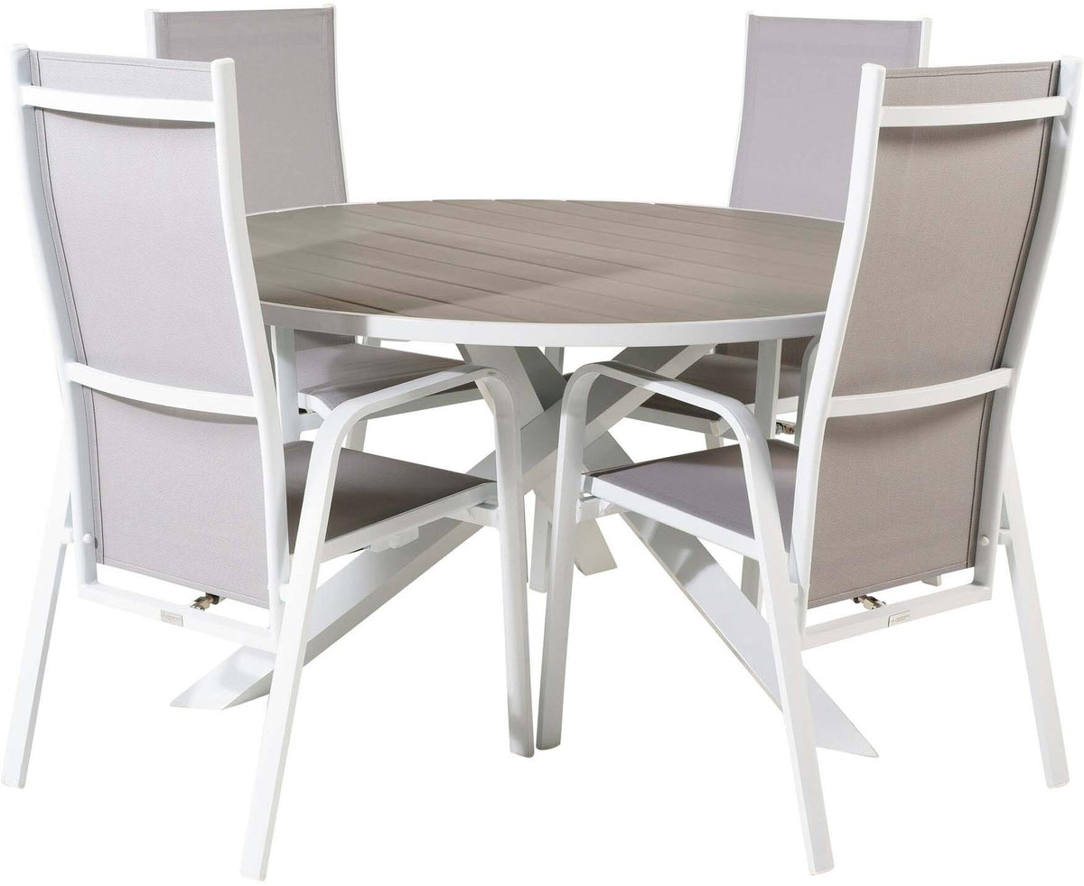 Rundes Gartentischset Parma mit ⌀140cm Tisch aus Aintwood und vier Copacabana Stühlen aus Textilene in Grau Weiss, Outdoor-Möbel von Venture Home
