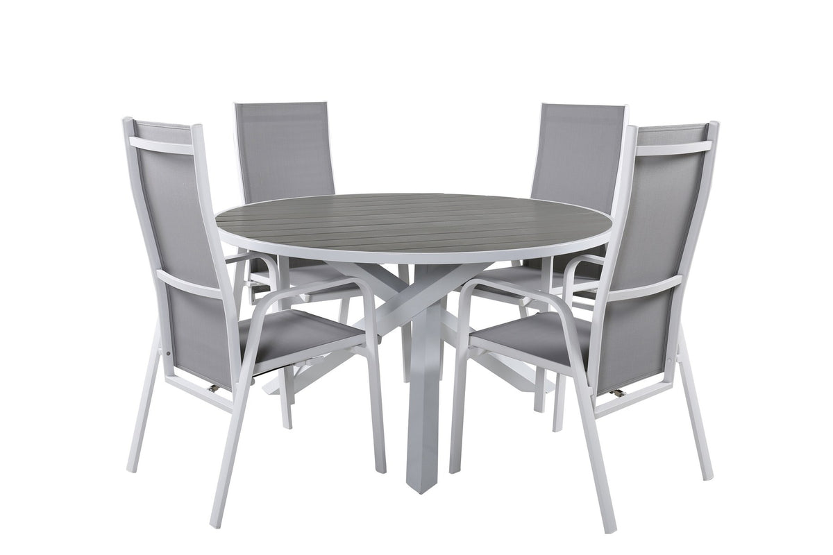 Rundes Gartentischset Parma mit ⌀140cm Tisch aus Aintwood und vier Copacabana Stühlen aus Textilene in Grau Weiss, Outdoor-Möbel von Venture Home