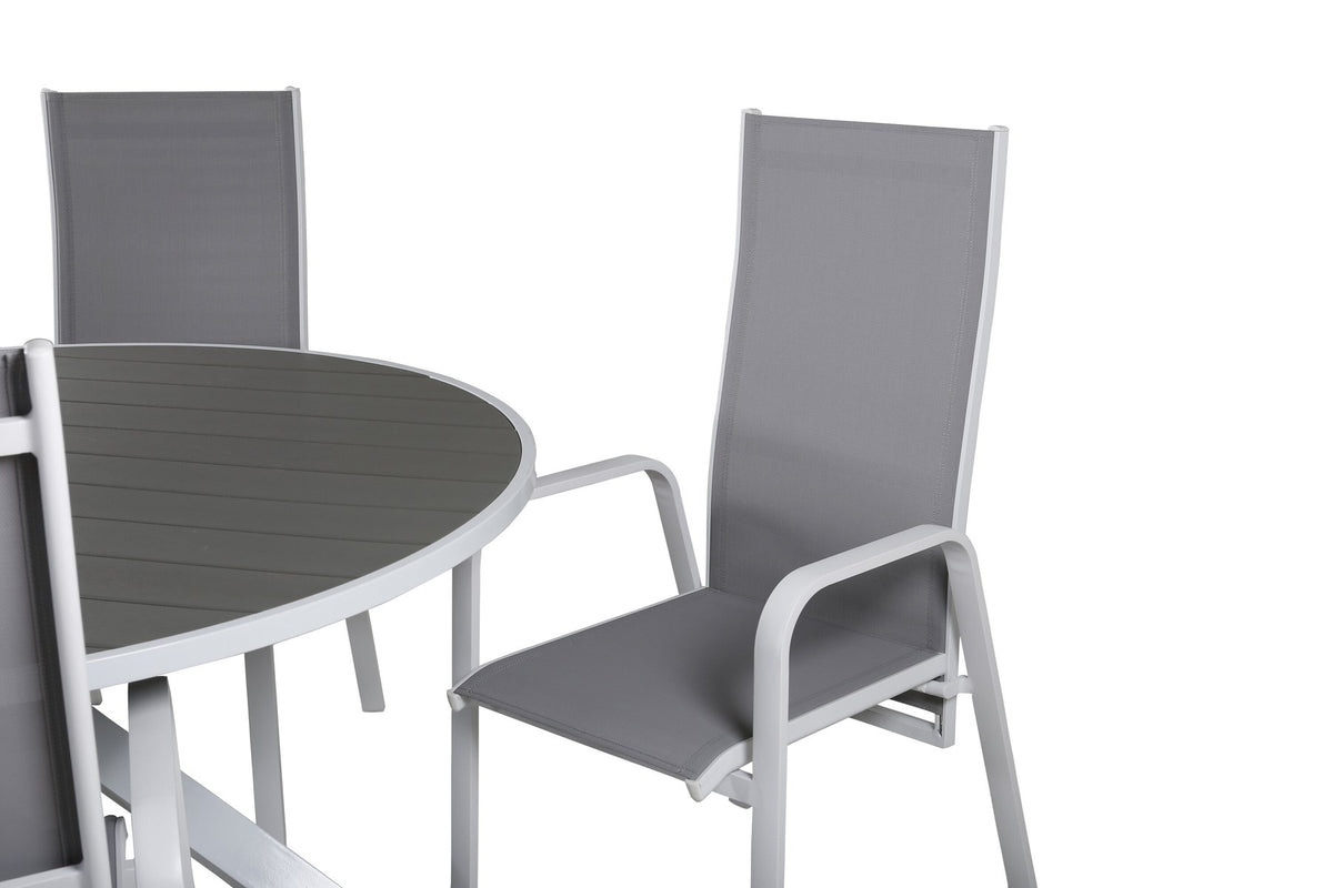 Rundes Gartentischset Parma mit ⌀140cm Tisch aus Aintwood und vier Copacabana Stühlen aus Textilene in Grau Weiss, Outdoor-Möbel von Venture Home