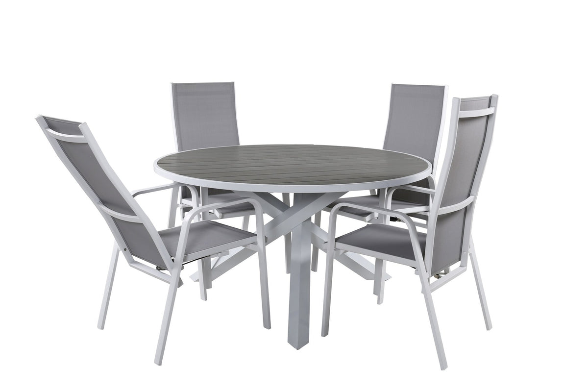 Rundes Gartentischset Parma mit ⌀140cm Tisch aus Aintwood und vier Copacabana Stühlen aus Textilene in Grau Weiss, Outdoor-Möbel von Venture Home