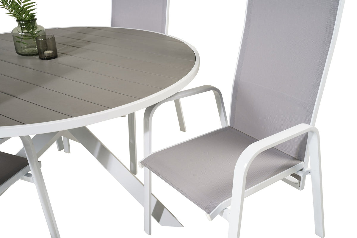 Rundes Gartentischset Parma mit ⌀140cm Tisch aus Aintwood und vier Copacabana Stühlen aus Textilene in Grau Weiss, Outdoor-Möbel von Venture Home