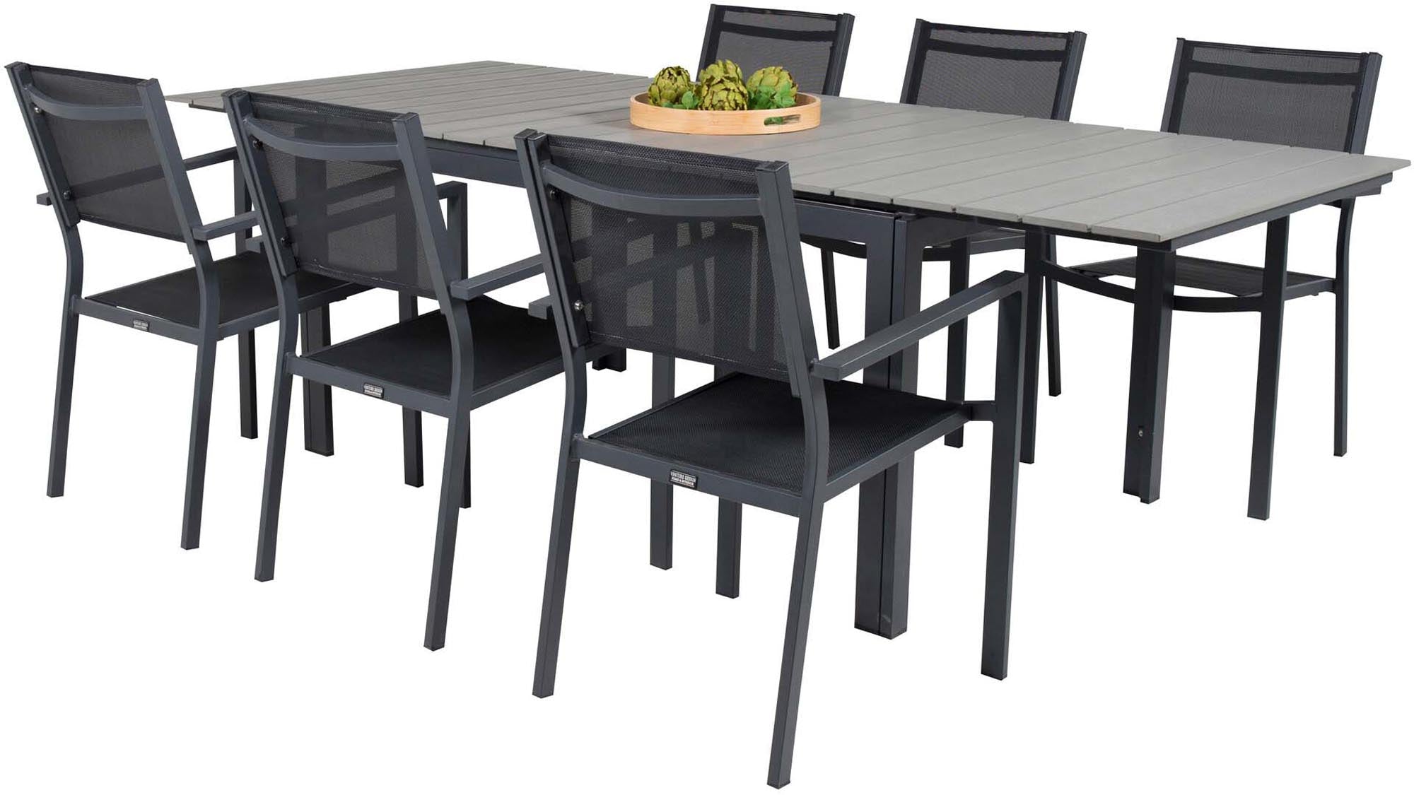 Erlebe das Levels Outdoor Tischset Copacabana: Ausziehbarer Tisch für 6 Personen, ideal für Gartenpartys und entspannte Abende im Freien.