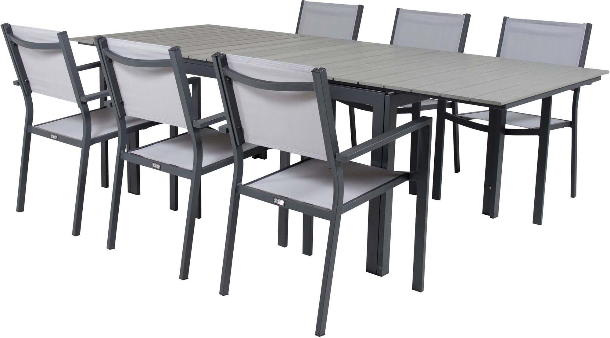 Elegantes, ausziehbares Tischset für 6 Personen. Ideal für stilvolle Outdoor-Events und gemütliche Abende im Freien.