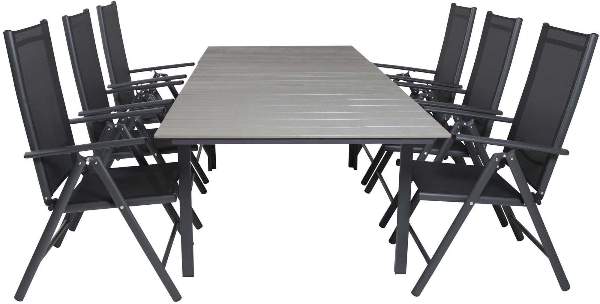 Entdecken Sie das stilvolle und funktionale Levels Outdoor-Tischset von Venture Home. Ausziehbarer Esstisch + Break Stühle für unvergessliche Momente im Freien.