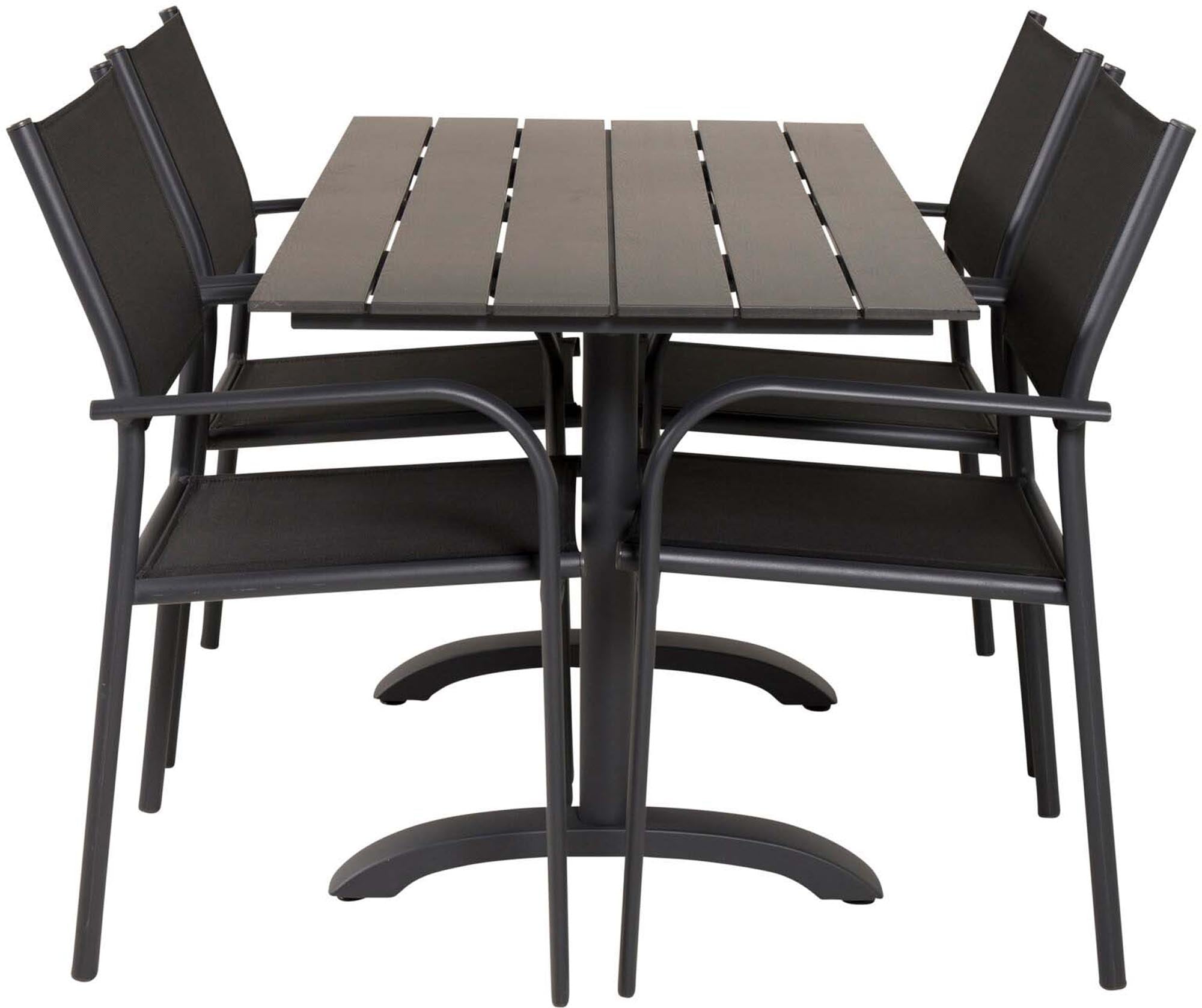 Entdecken Sie das Denver Outdoor-Tischset + Santorini 120cm/4St. von Venture Home – stilvoll, wetterfest und perfekt für Terrassen und Balkone.