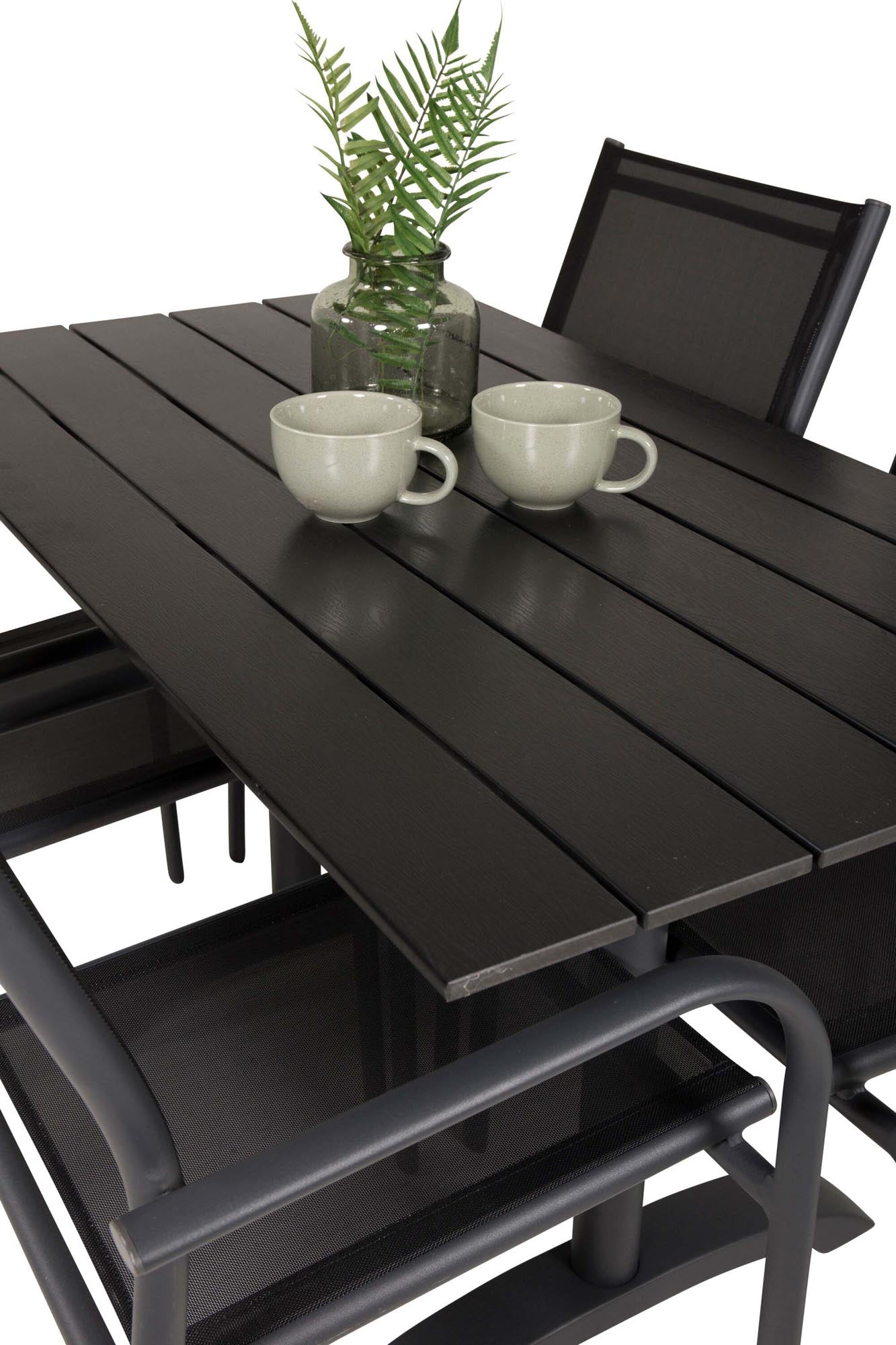 Elegantes Denver Outdoor-Tischset mit 120 cm Tisch und 4 komfortablen Santorini-Stühlen. Ideal für stilvolle Essmomente im Freien.