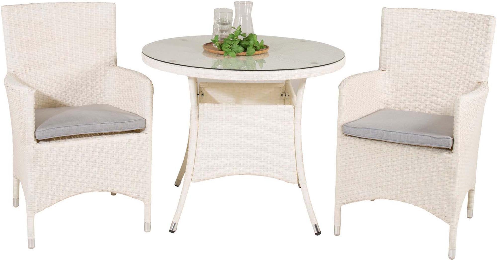 Elegantes Volta Outdoor-Tischset ⌀90cm mit komfortablen Malin-Stühlen, ideal für gesellige Stunden im Freien. Wetterfest und pflegeleicht.